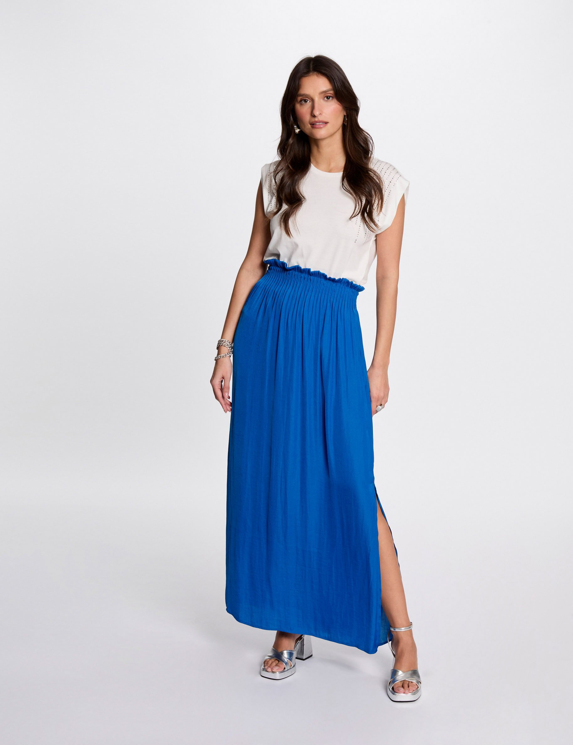 jupe longue fluide taille elastiquee bleu electrique femme Jupe longue fluide taille élastiquée bleu electrique femme
