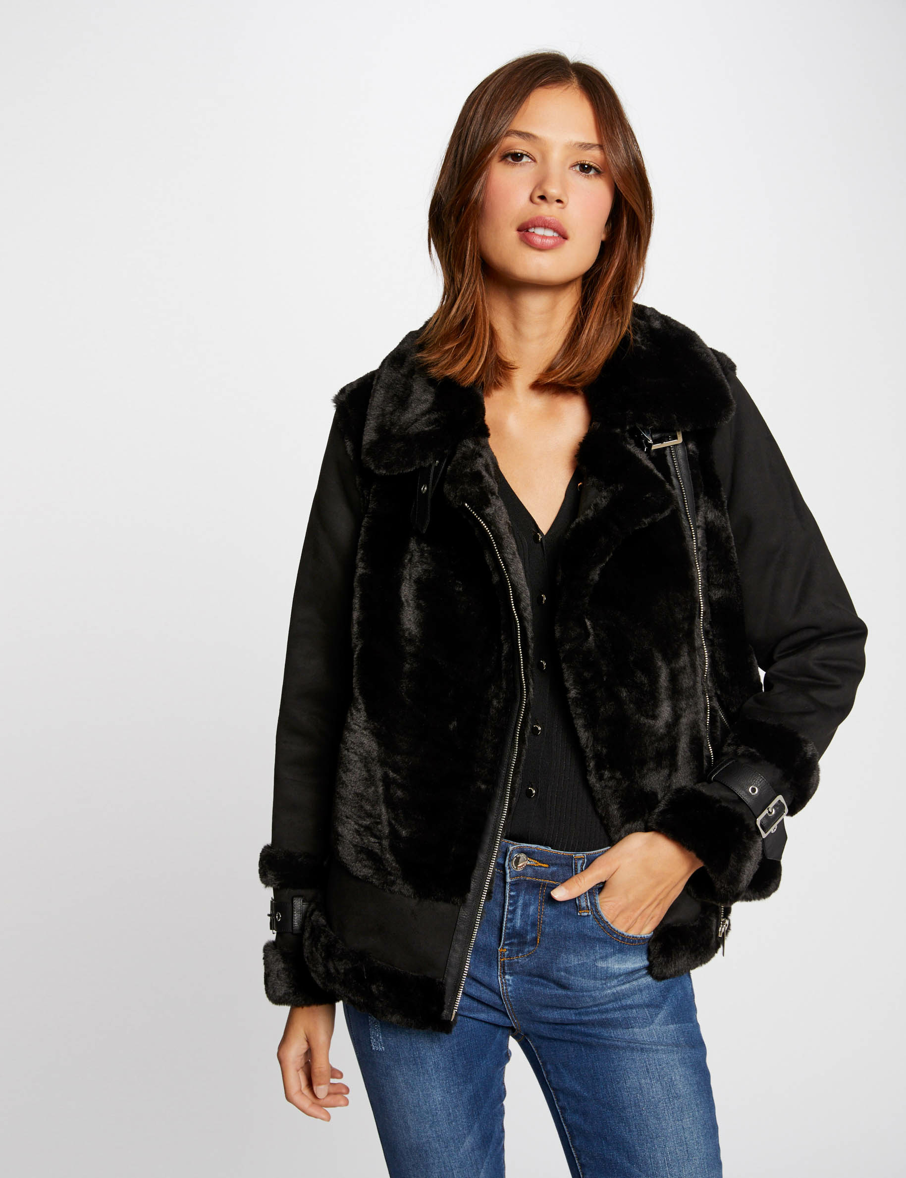 Fausse Fourrure Manteau Cuir Moumoute Jacket Veste Avec Col