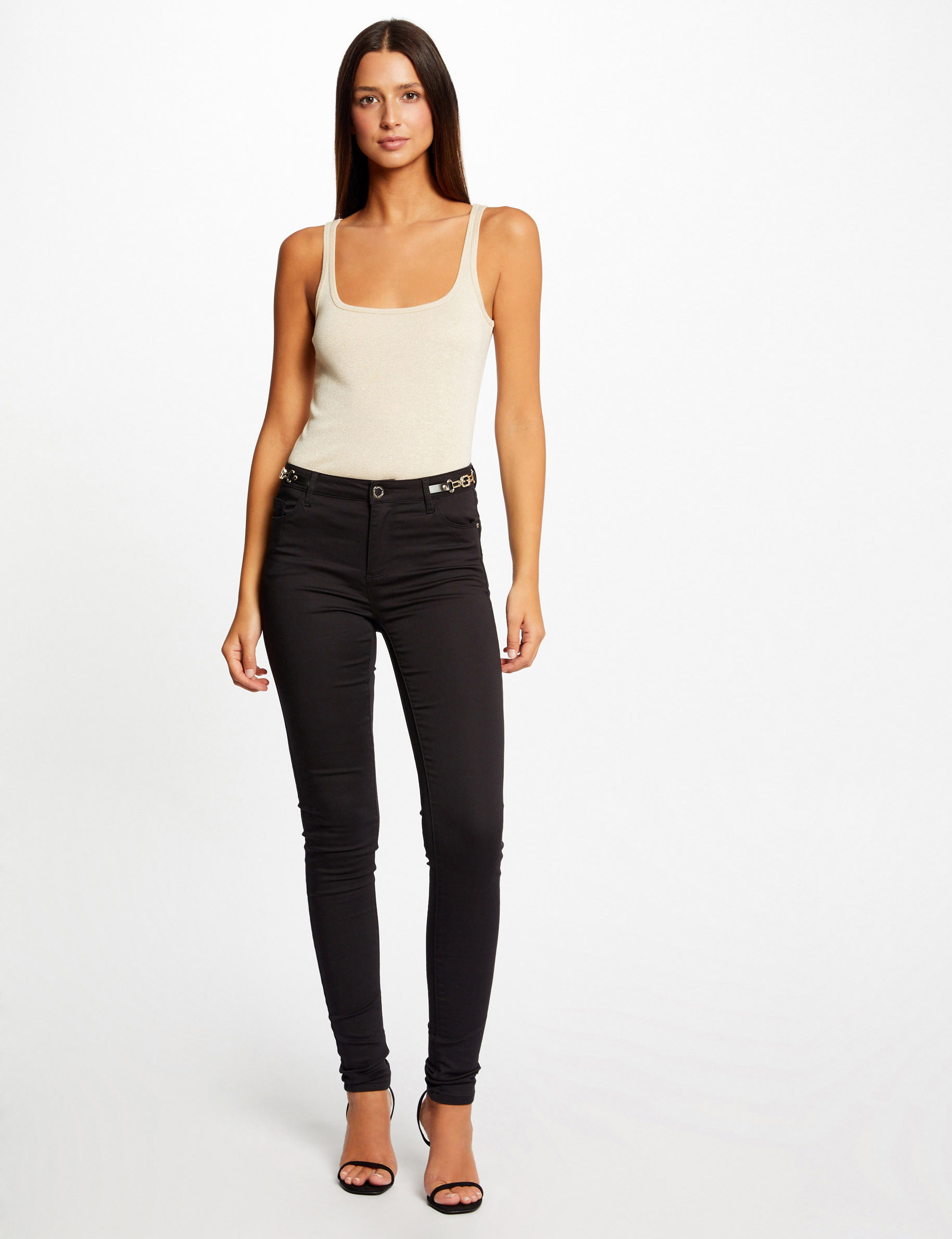 pantalon skinny a details chaines noir femme Pantalon skinny à détails chaînes noir femme
