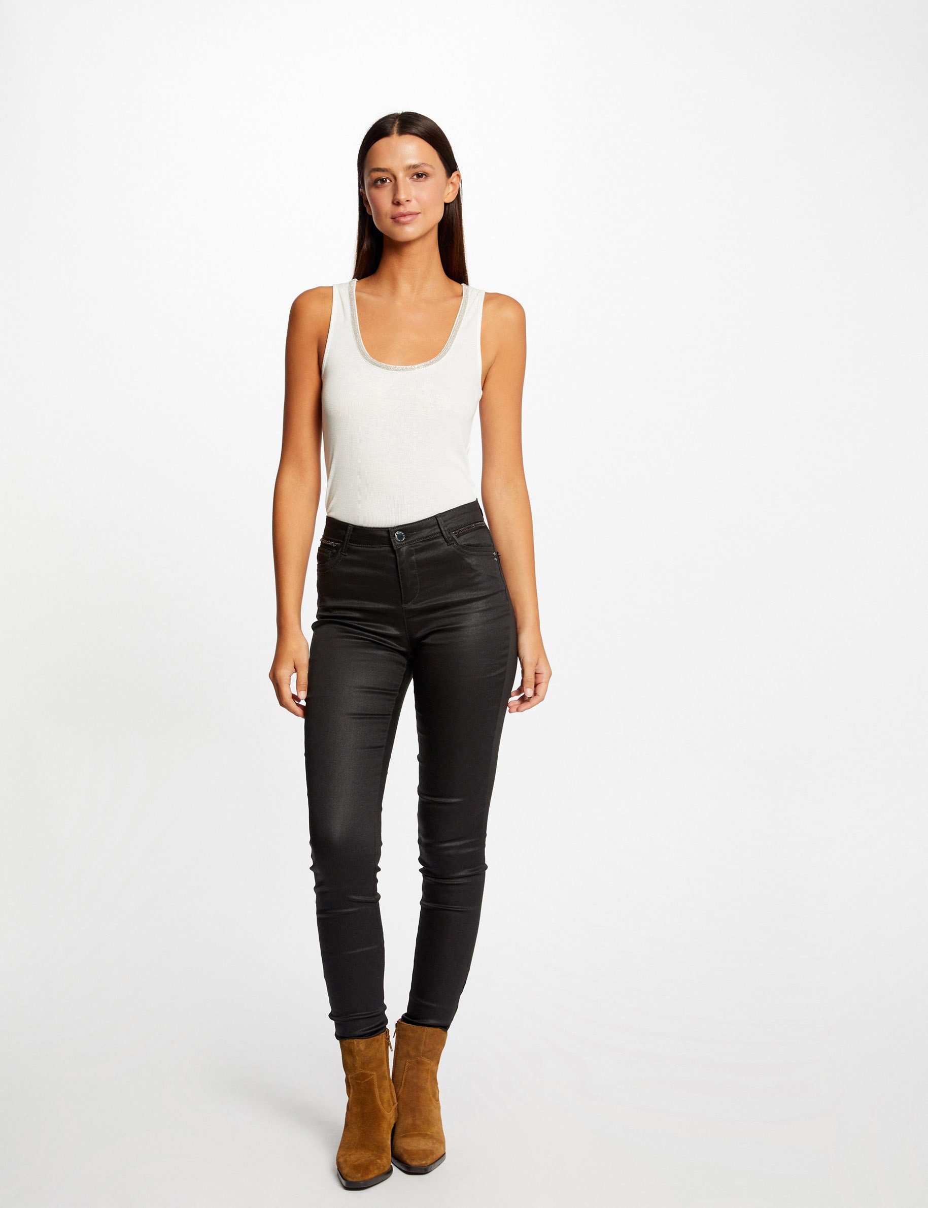 Pantalon skinny enduit à détails bijoux noir femme