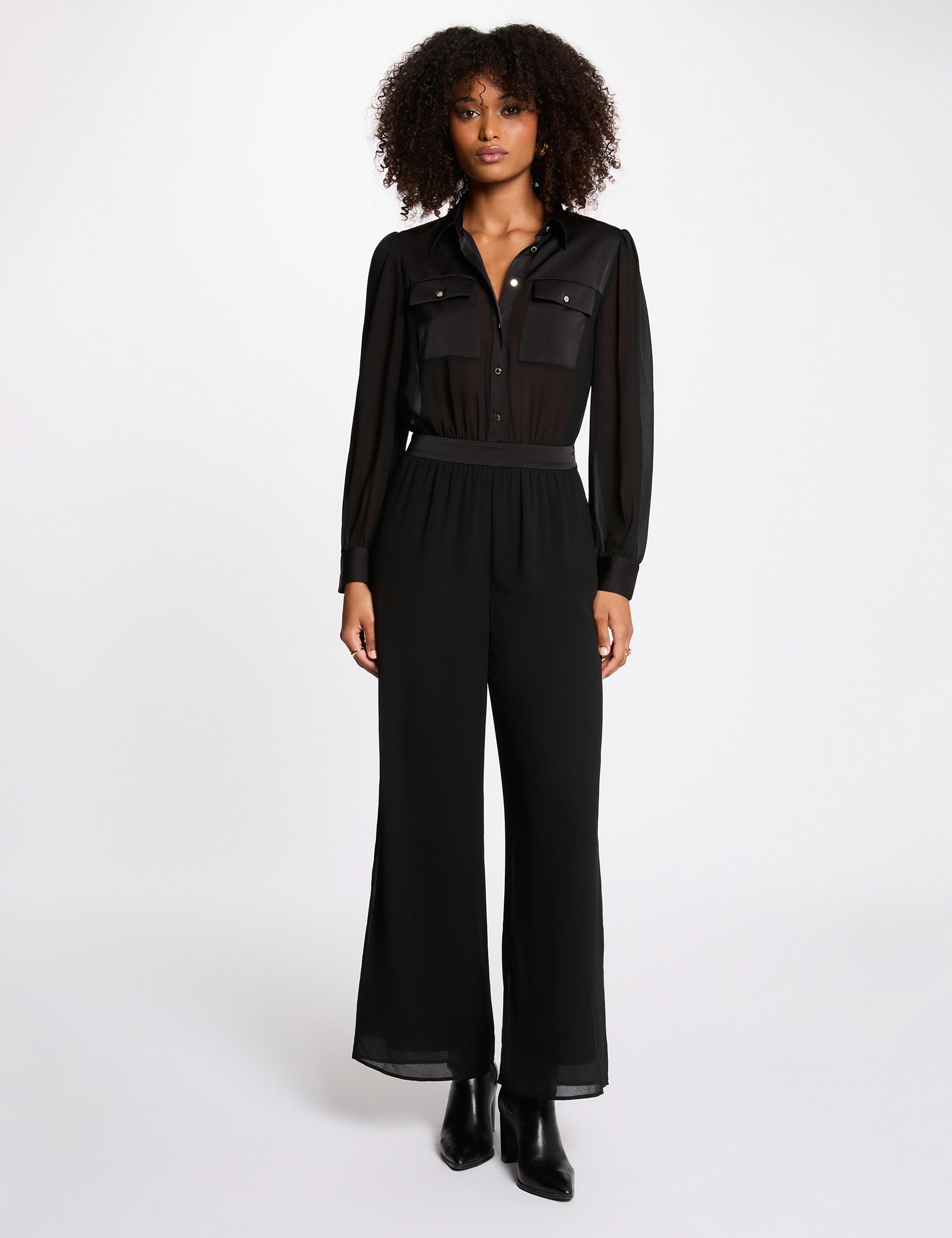 Combinaison fluide col &agrave; revers noir femme