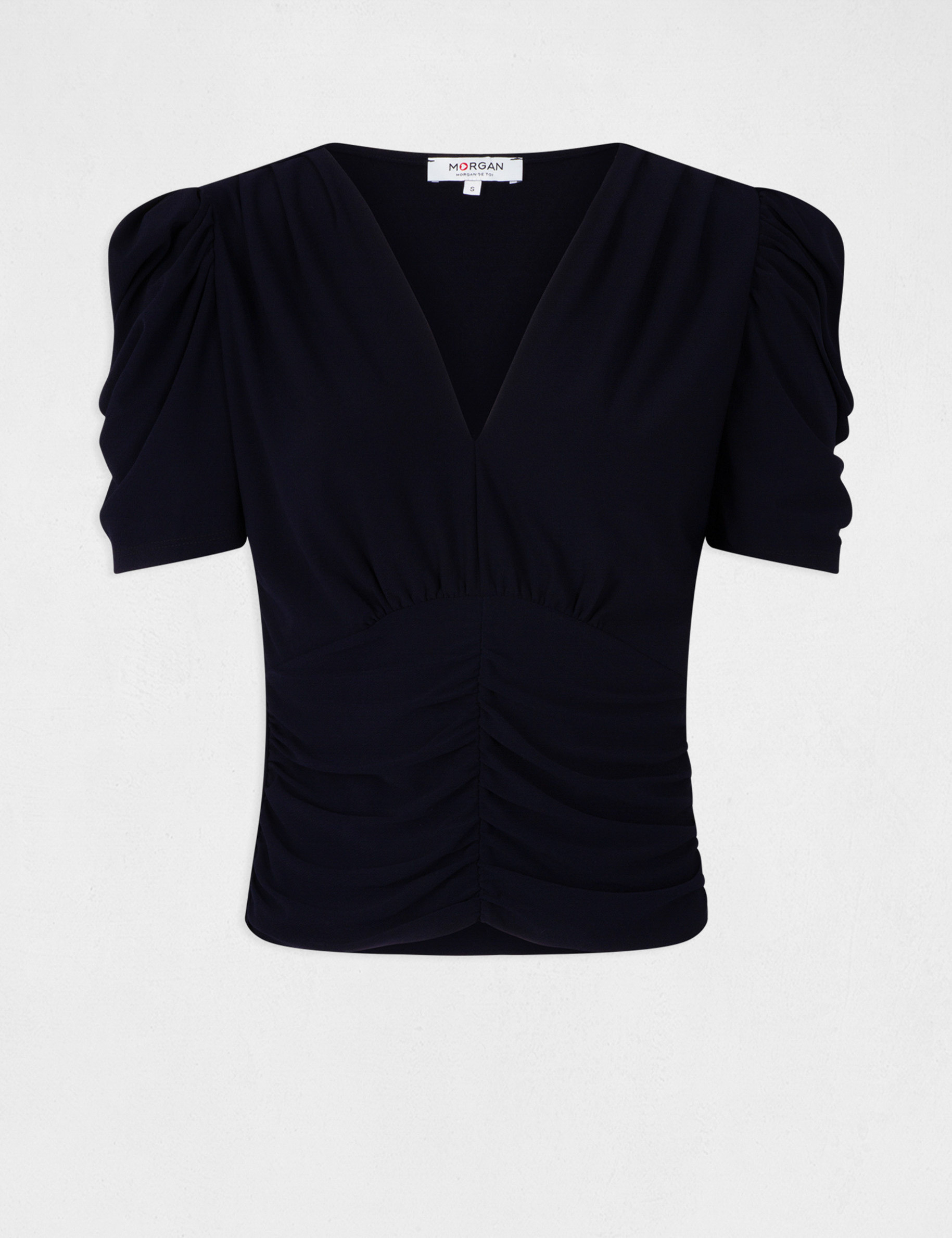 T-shirt manches courtes froncé marine femme T-shirt manches courtes froncé marine femme