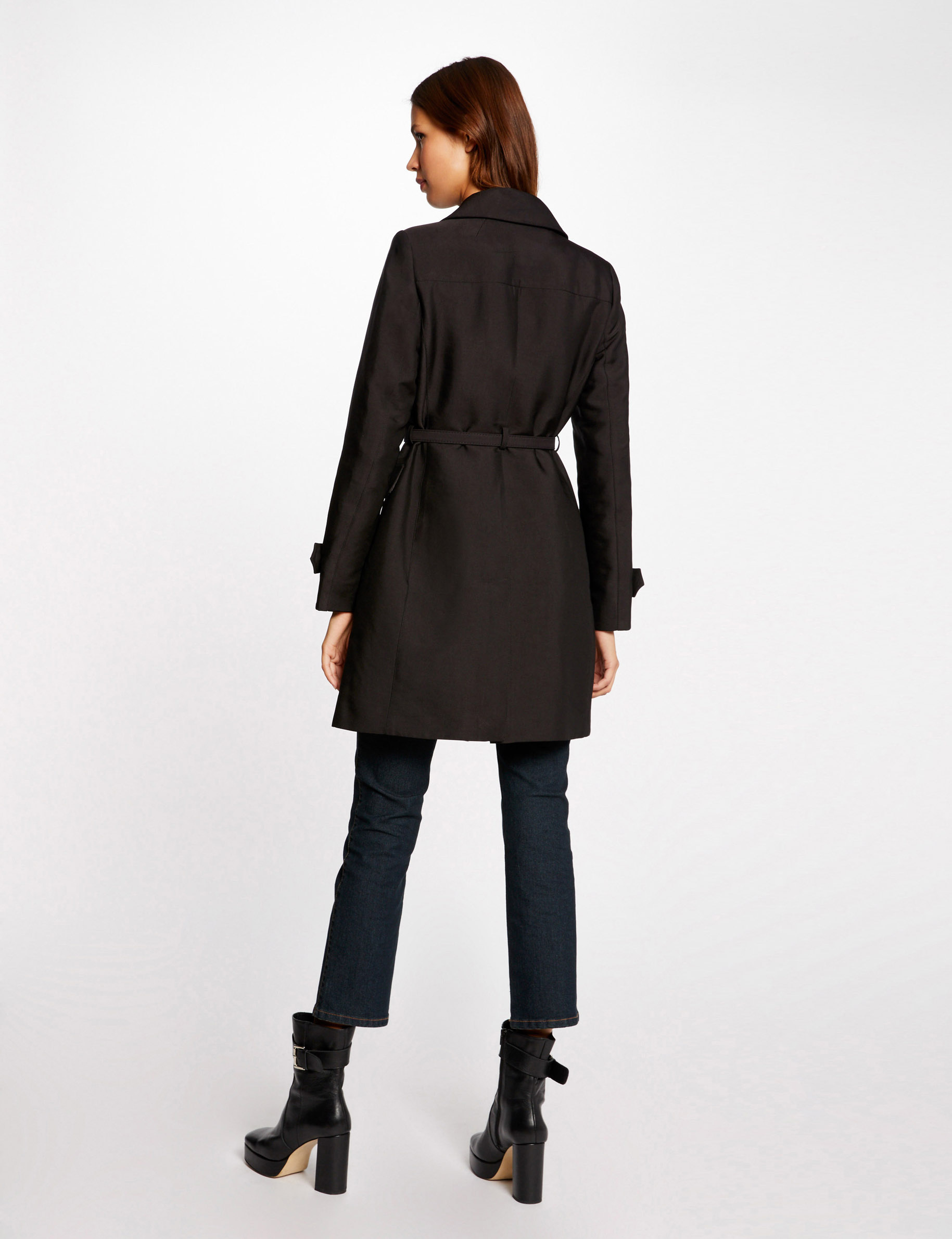 Trench droit boutonné et ceinturé noir femme