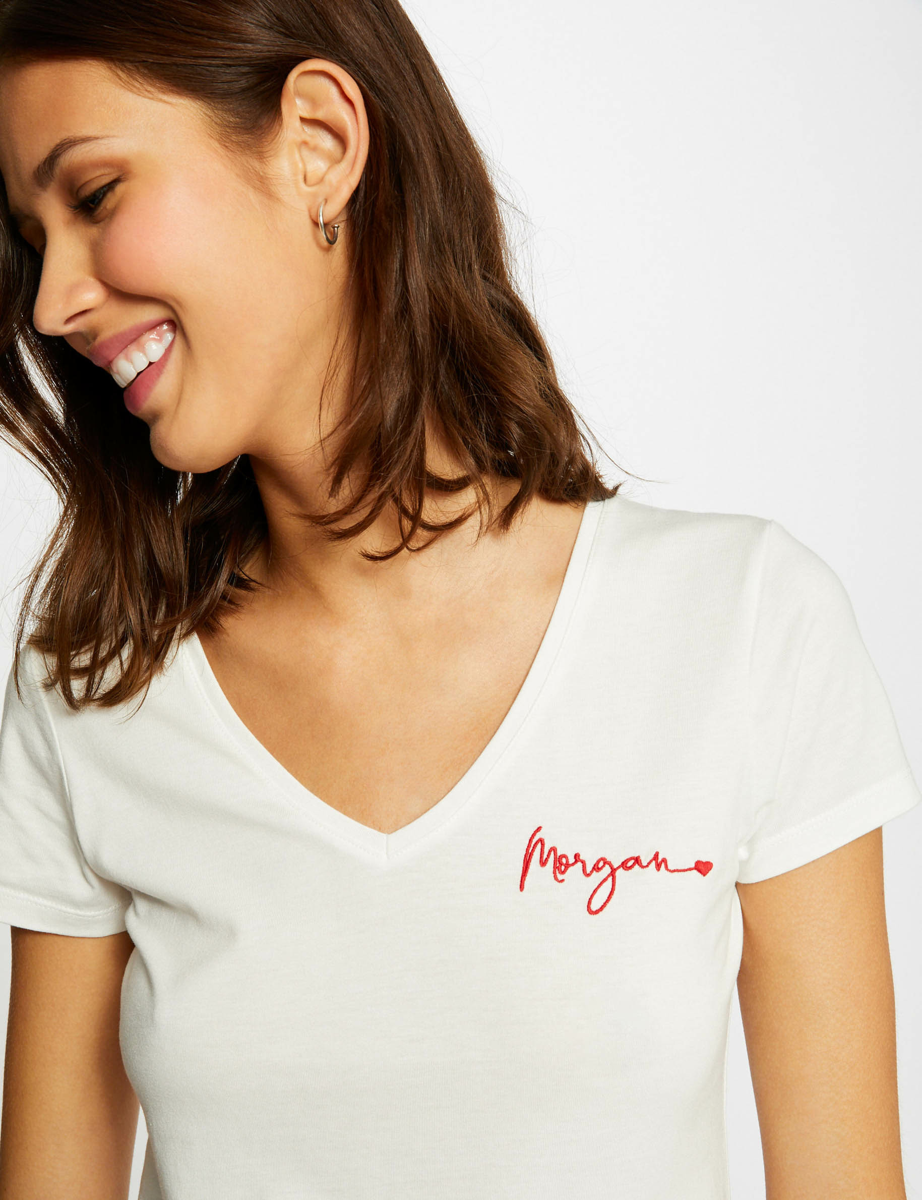 T-shirt manches courtes à inscription ecru femme