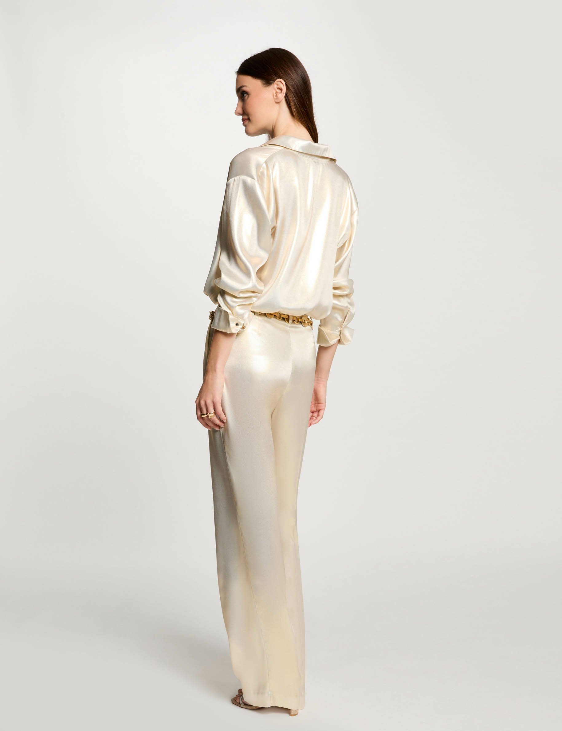 chemise manches longues satin jaune or femme Chemise manches longues satin jaune or femme