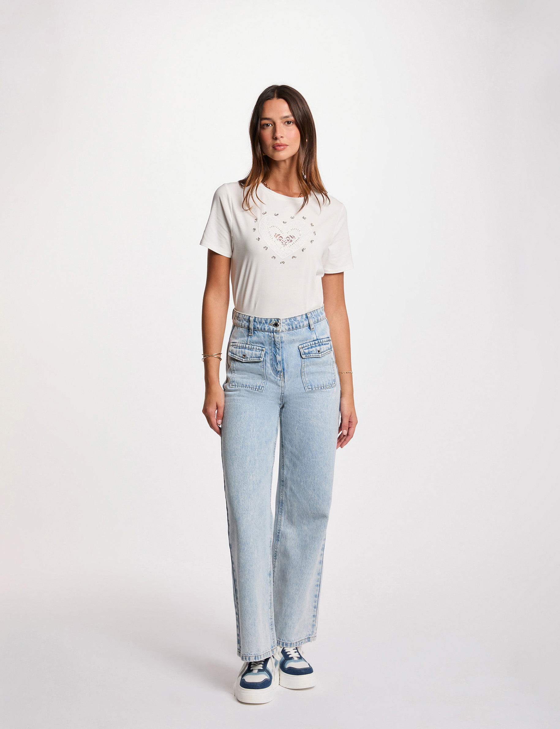 Top Morgan Manches Courtes Blanc Nacré - Détails Dentelle, Taille XS (34/36) - Occasion Très Bon état