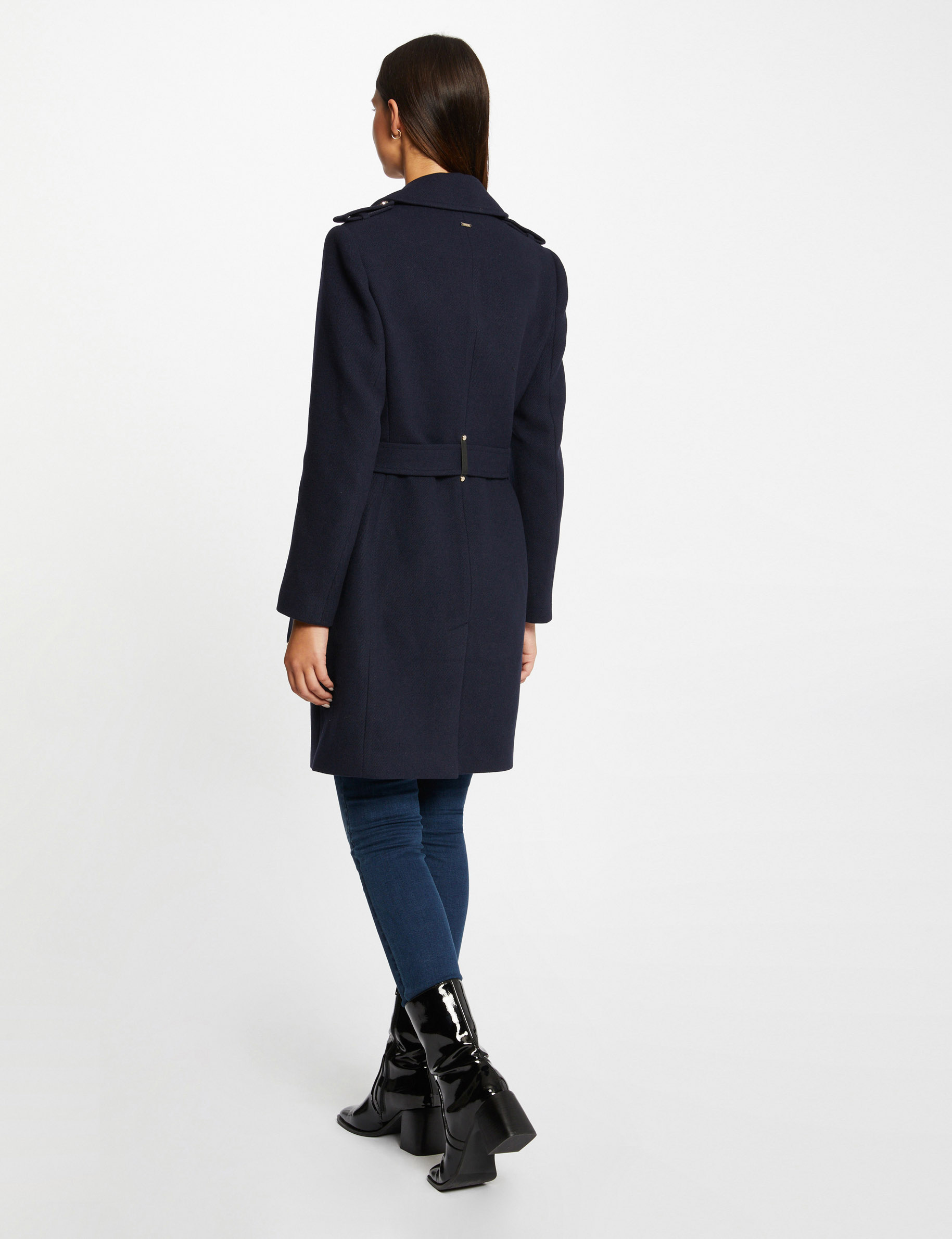 Manteau long cintré ceinturé marine femme