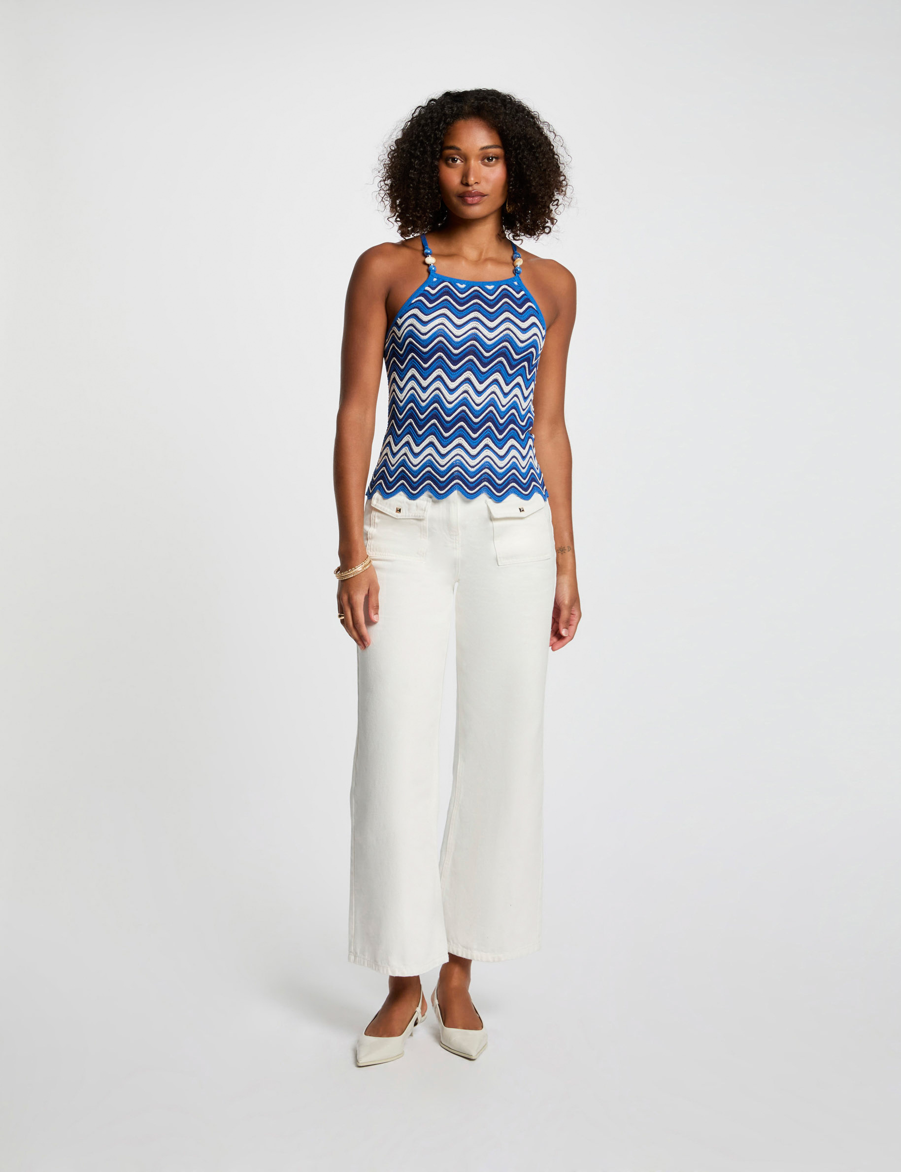 Top en maille imprim&eacute; bleu electrique femme