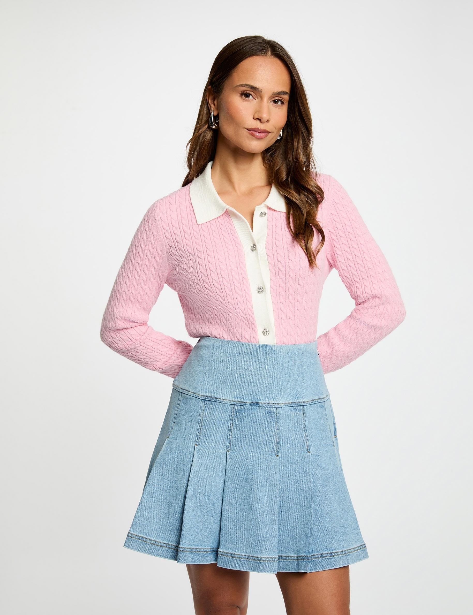 Jupe courte pliss&eacute;e denim stone femme