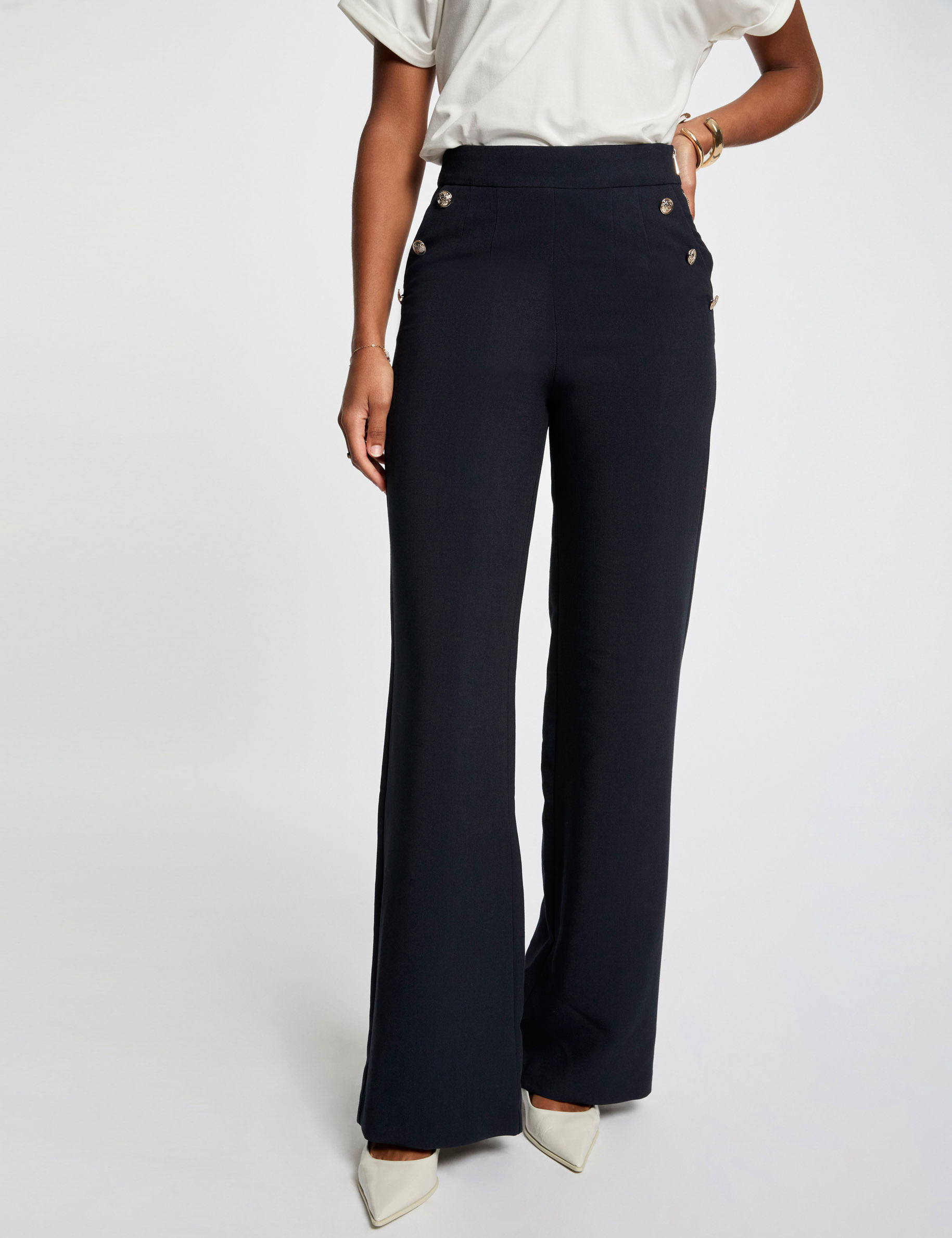 pantalon large a boutons bleu marine femme Pantalon large à boutons bleu marine femme
