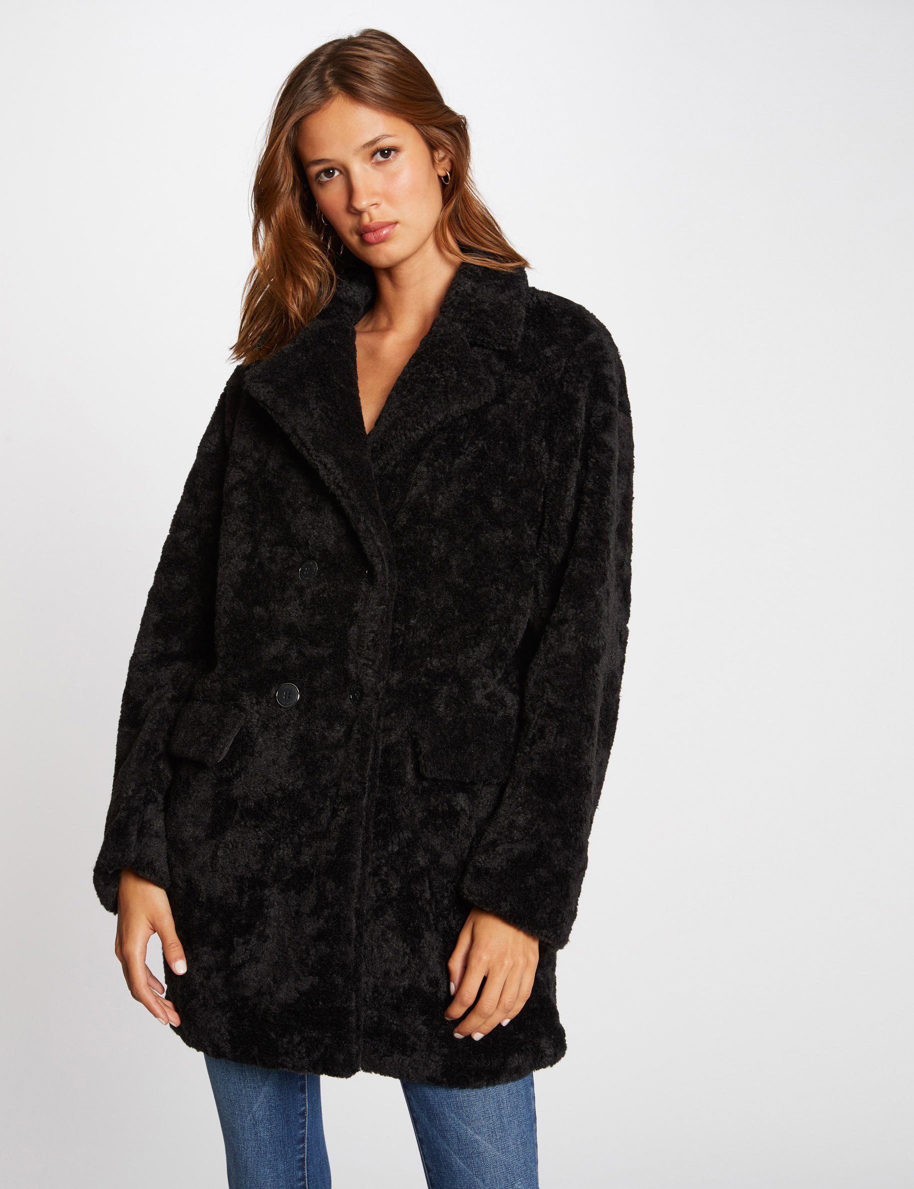 Manteau droit imitation fourrure noir femme Manteau droit imitation fourrure noir femme