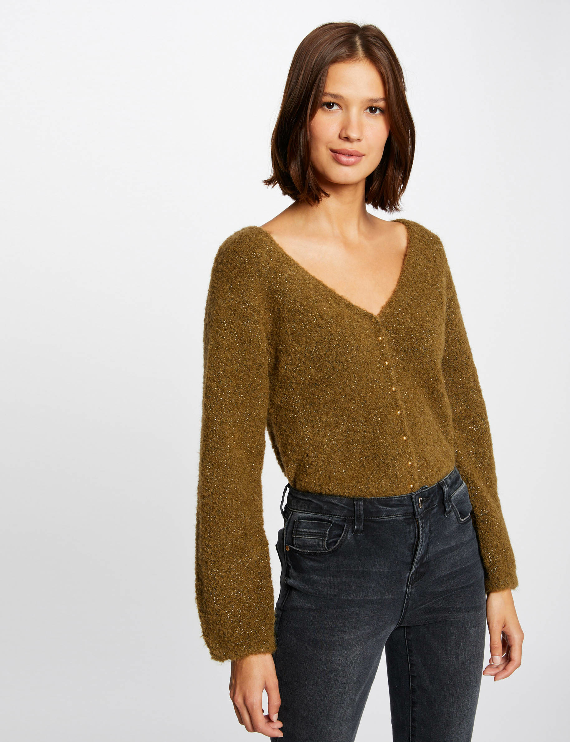 Pull manches longues avec col en V vert moyen femme