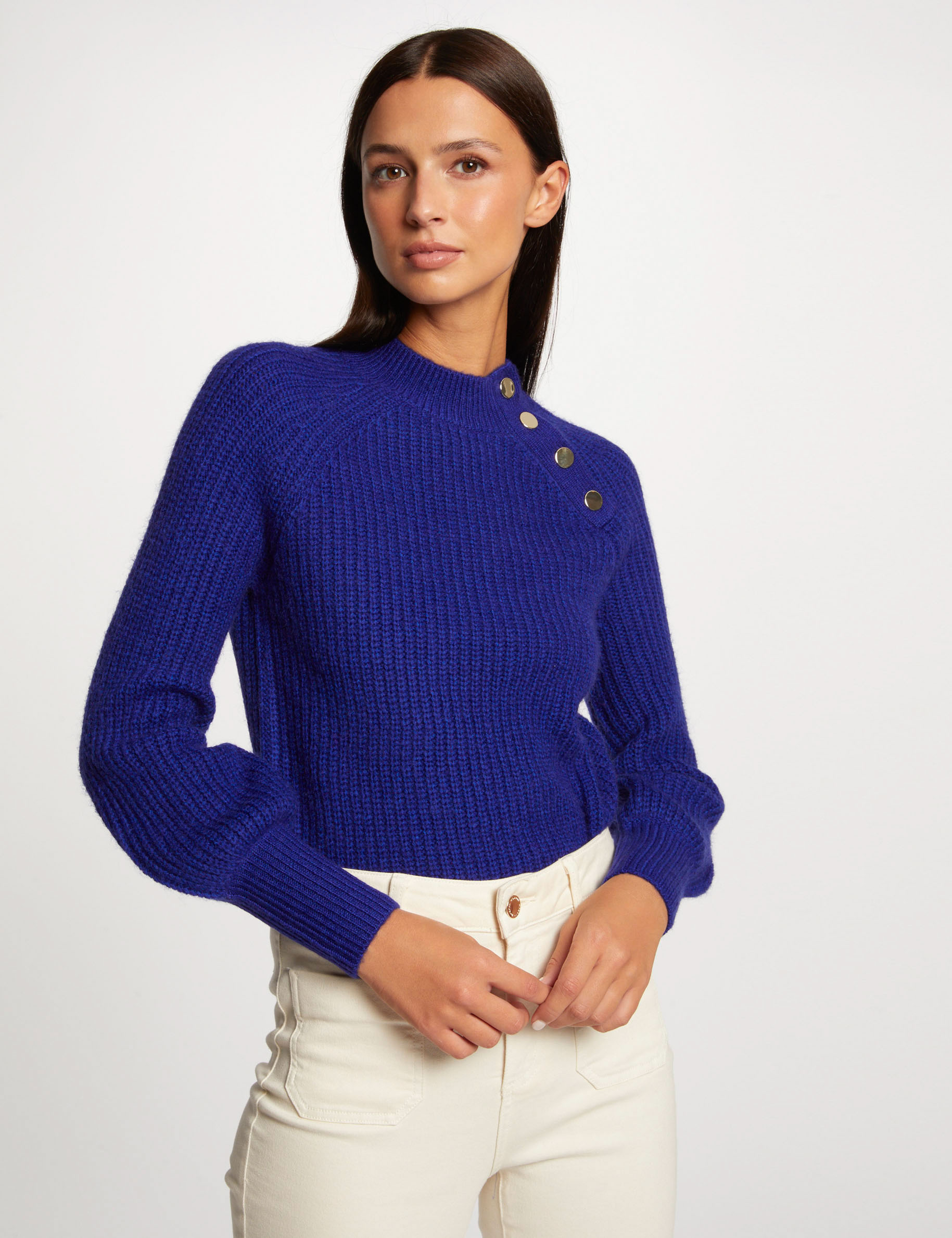 Image of Pull manches longues col montant bleu moyen femme