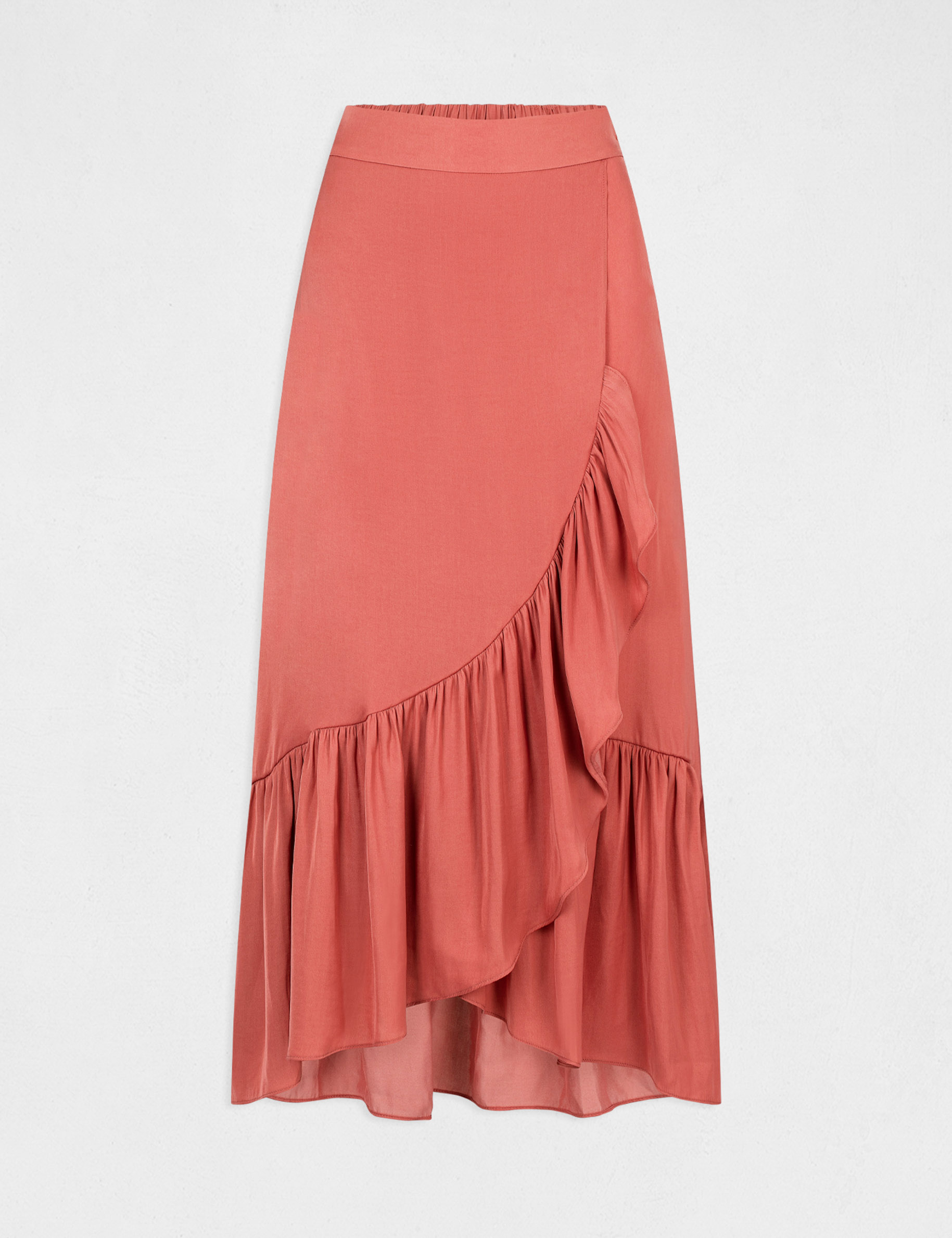 Jupe midi évasée à volants rouille femme