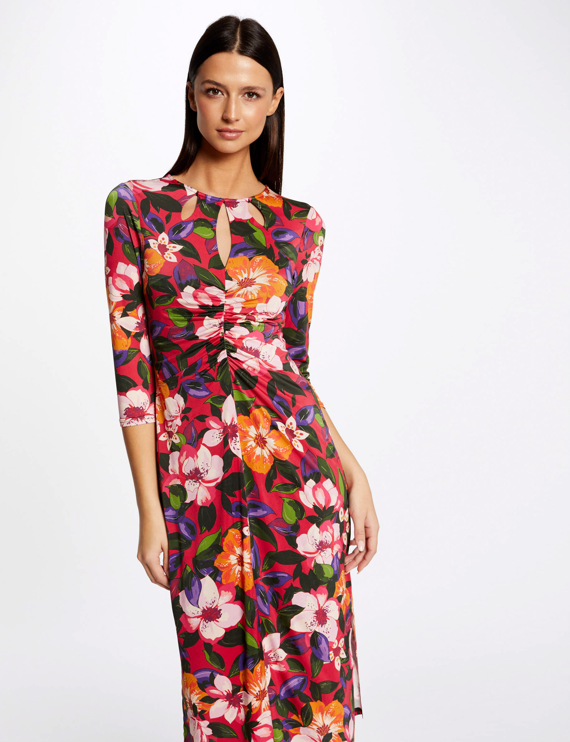 Robe midi ajustée froncée imprimé floral multico femme Robe midi ajustée froncée imprimé floral multico femme