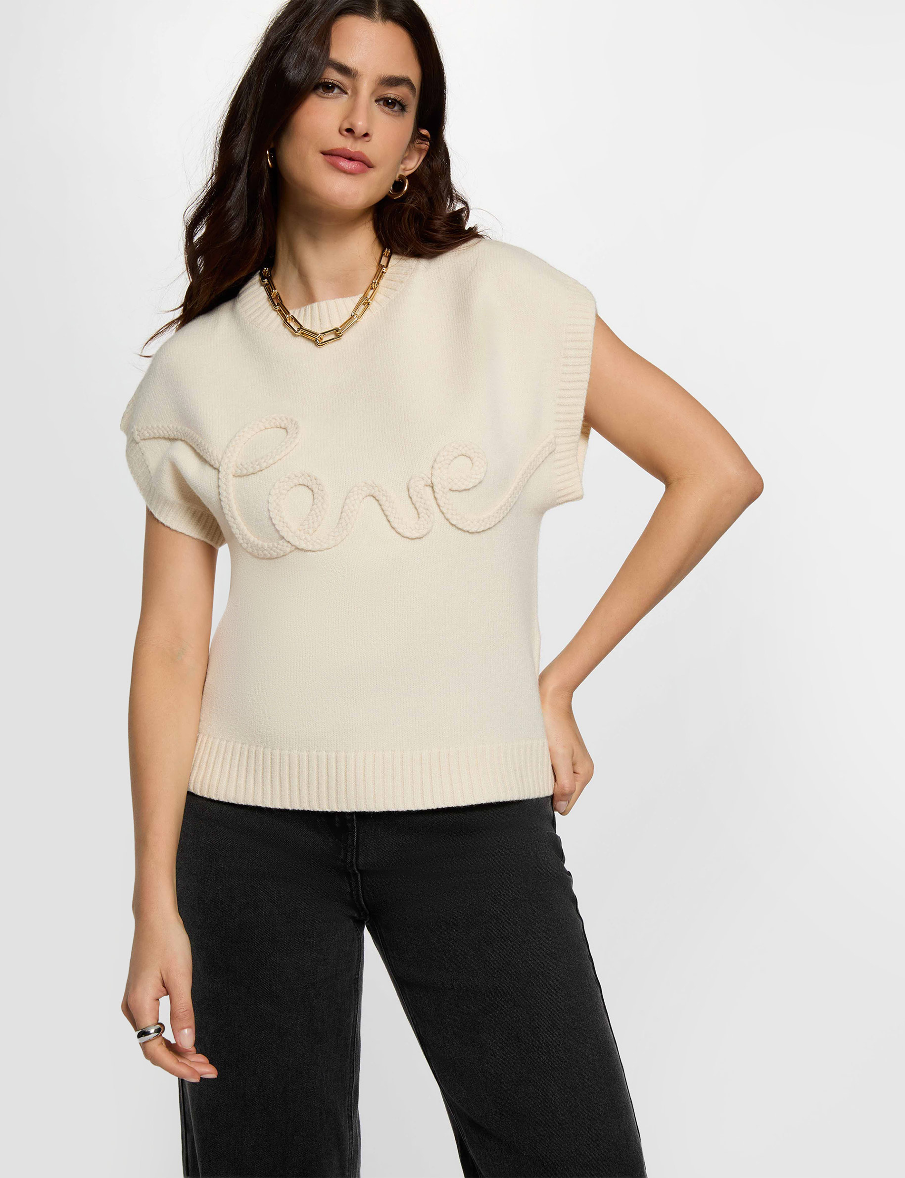 Pull col rond brod&eacute; creme femme