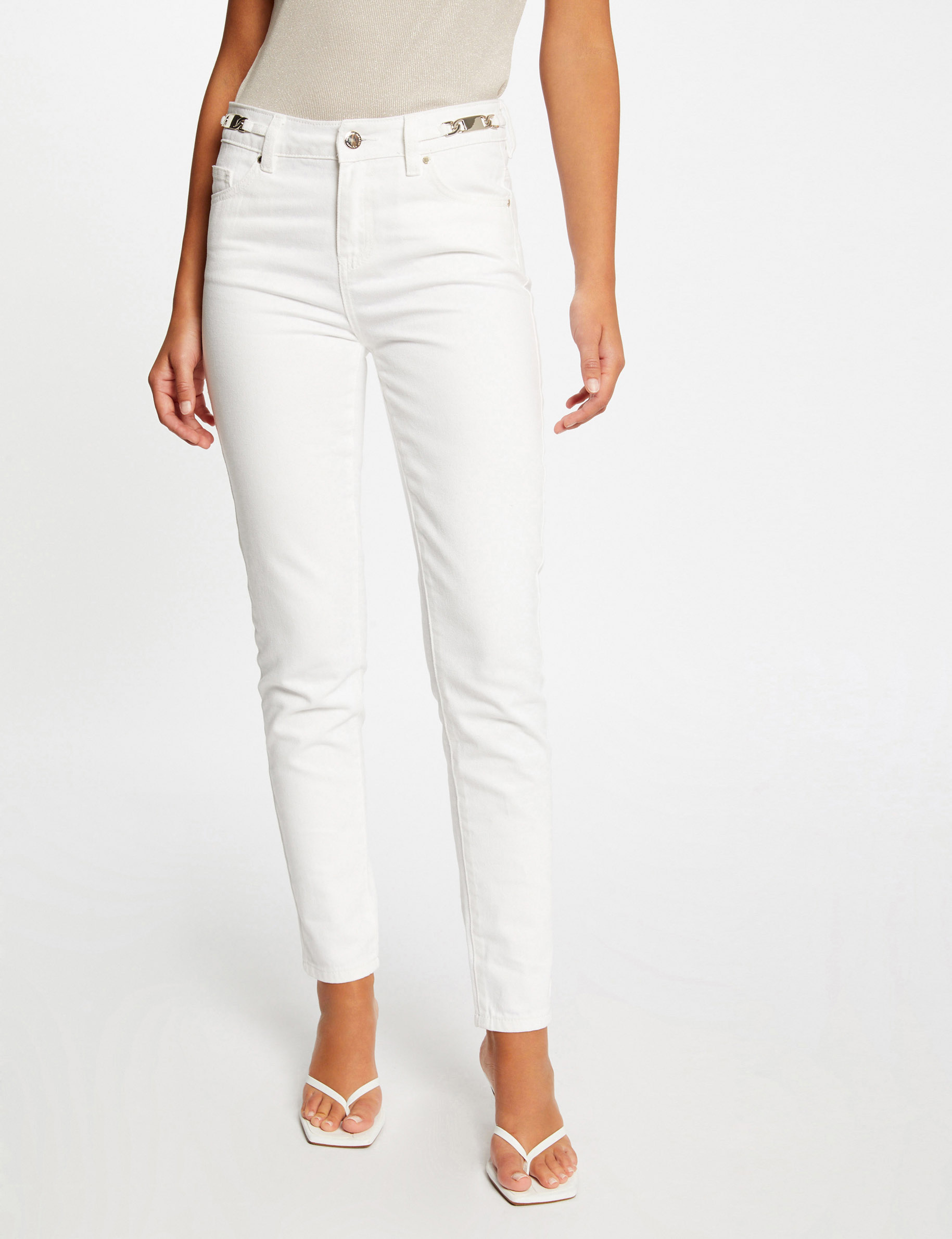 jeans ajuste a ornements metalliques ecru femme Jeans ajusté à ornements métalliques ecru femme