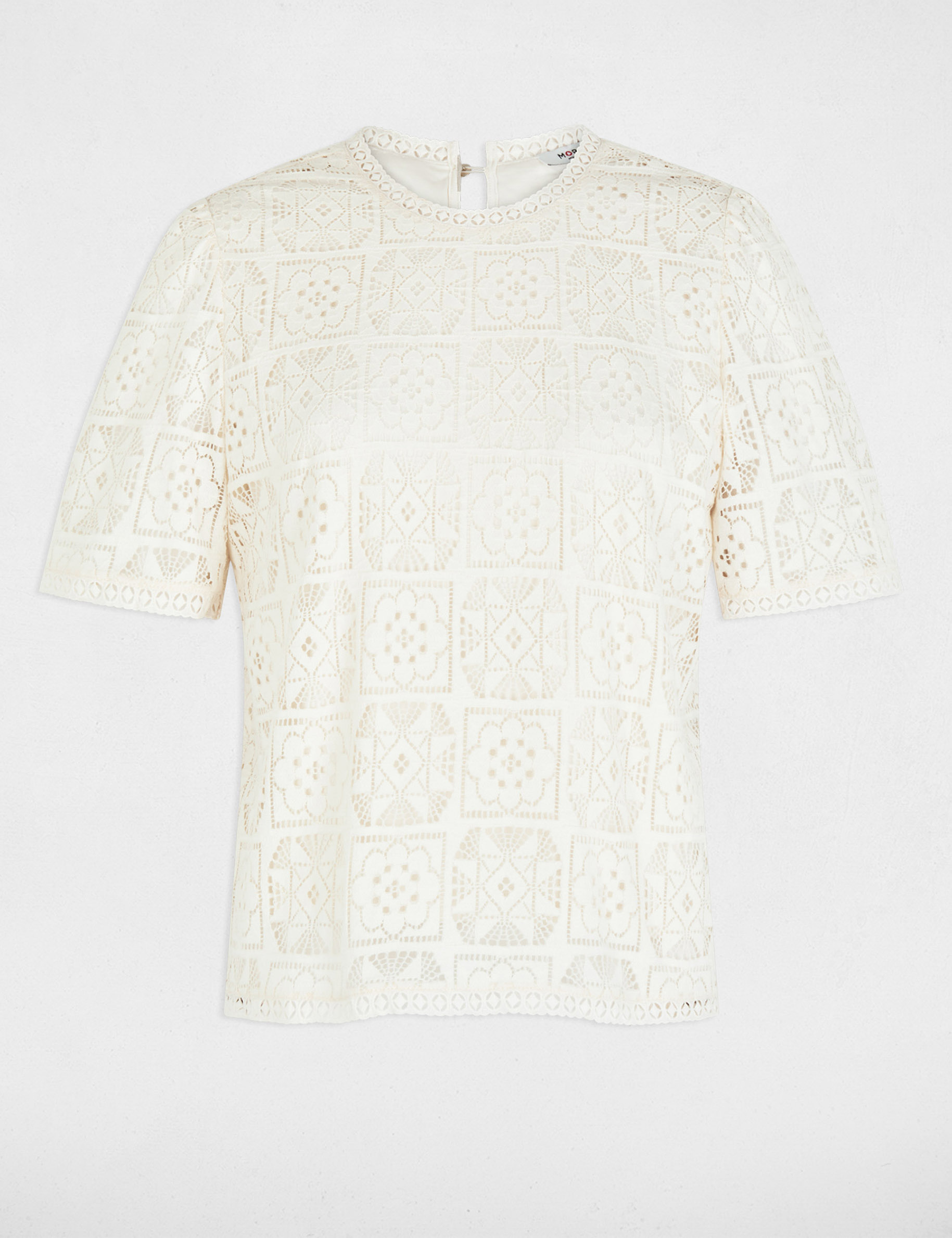 T-shirt dentelle col montant ivoire femme