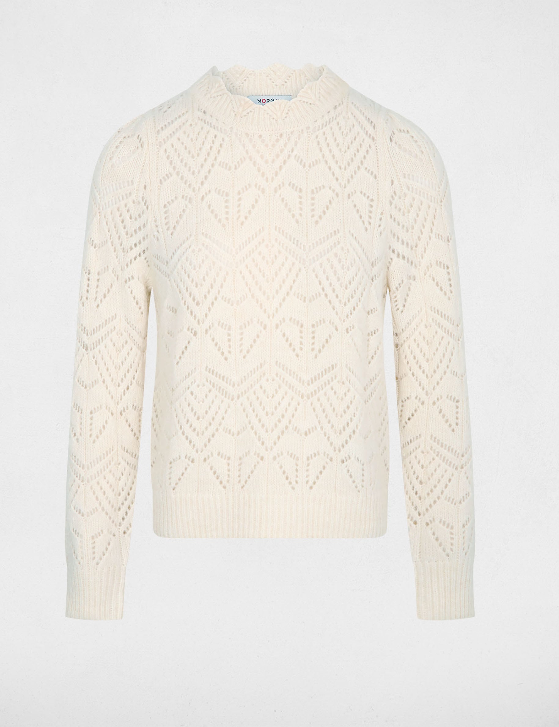 Pull ajour&eacute; col rond ivoire femme