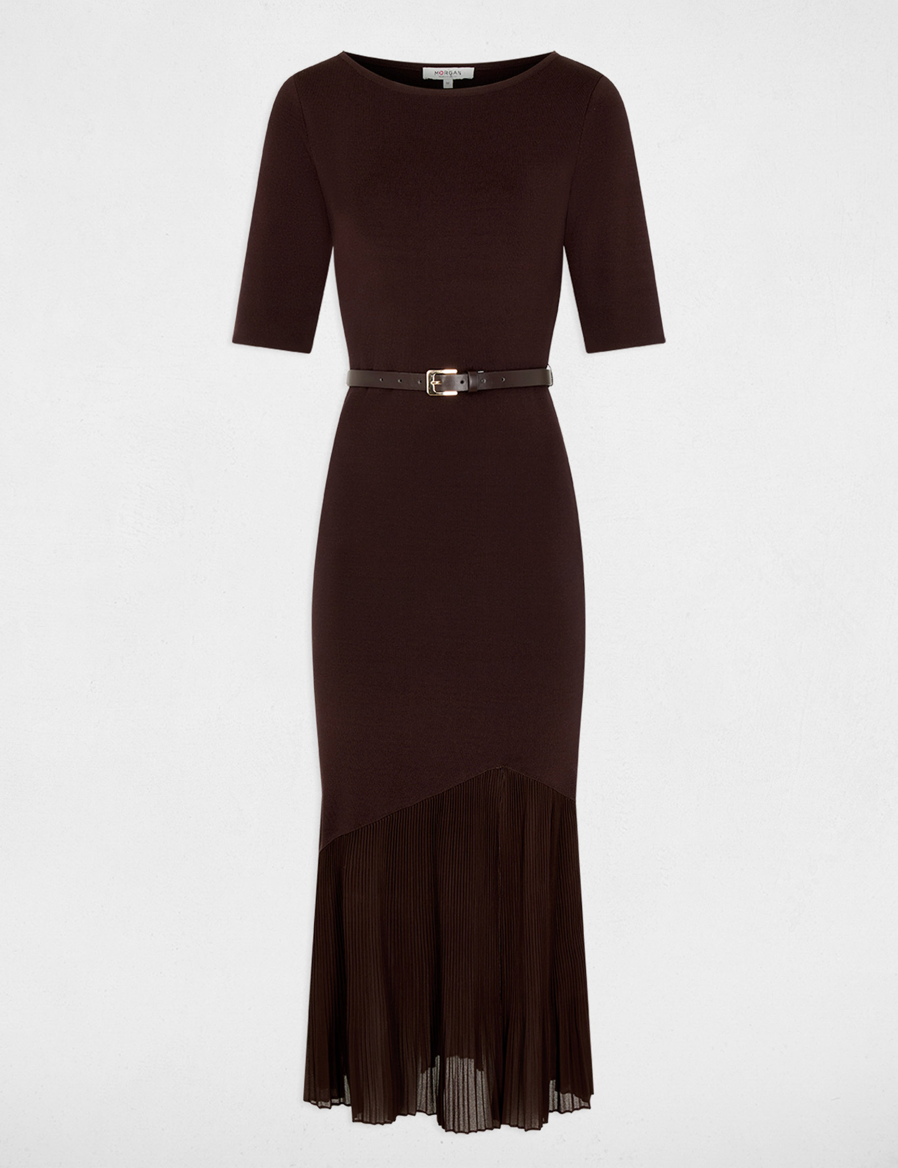 Robe tricot ceintur&eacute;e marron fonc&eacute; femme