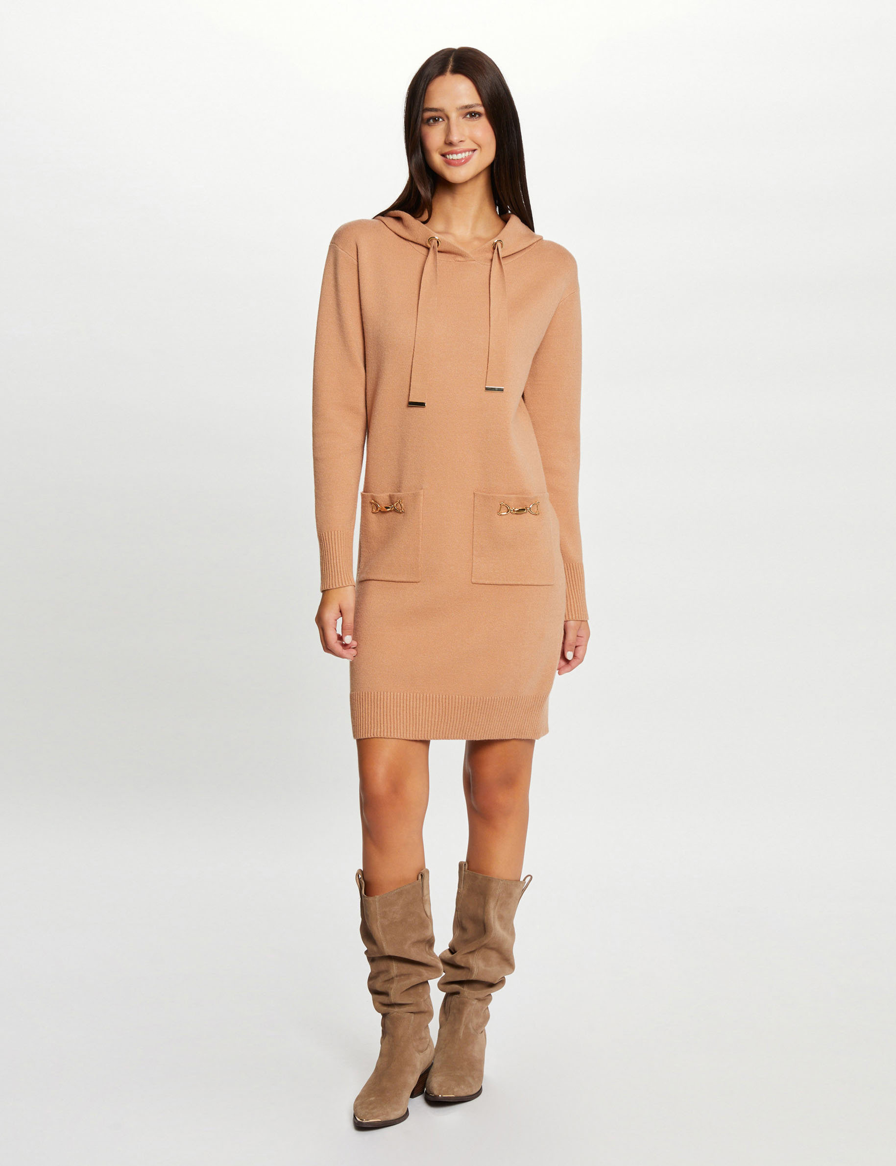 robe pull droite a capuche camel femme Robe pull droite à capuche camel femme