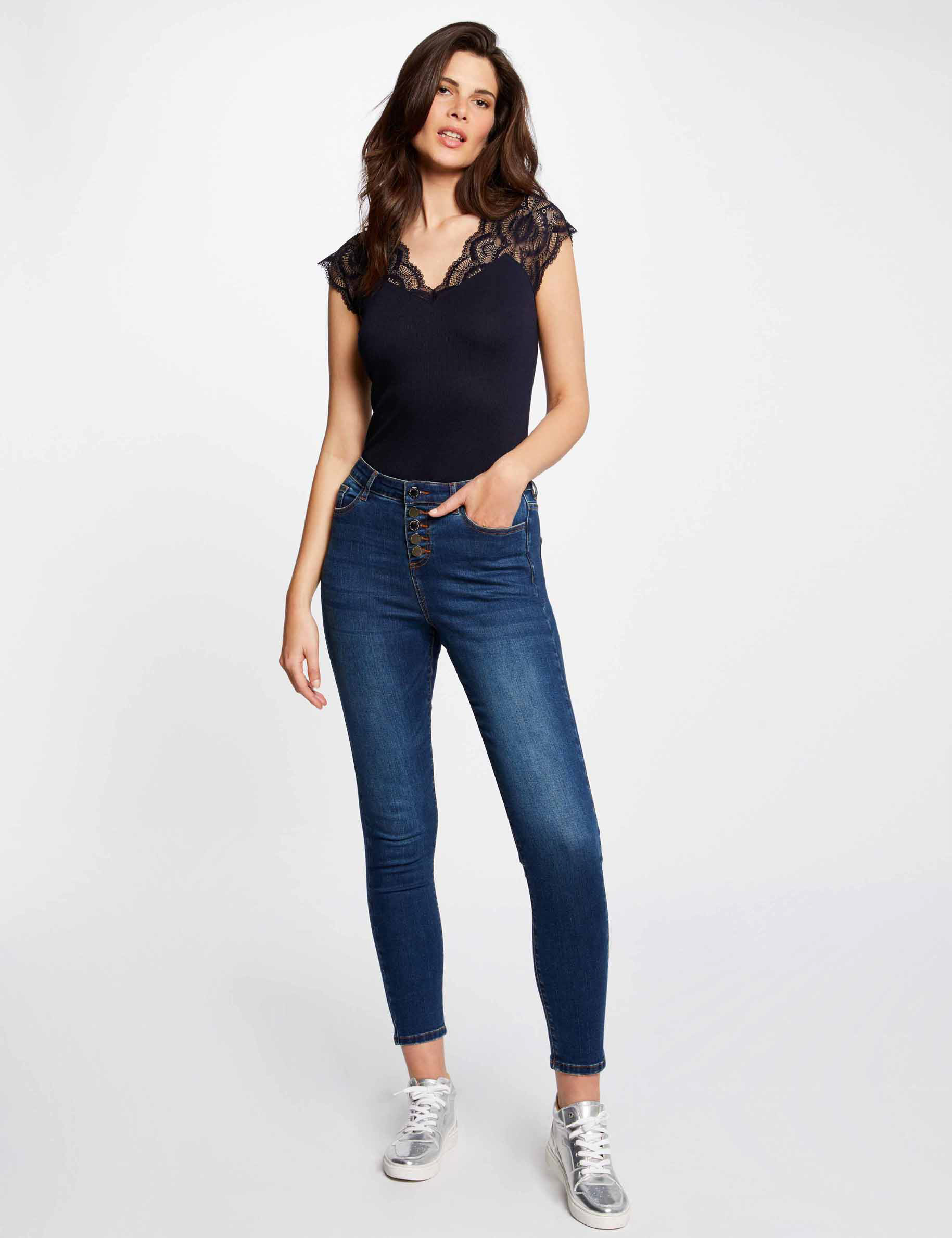 T-shirt manches courtes à dentelle marine femme
