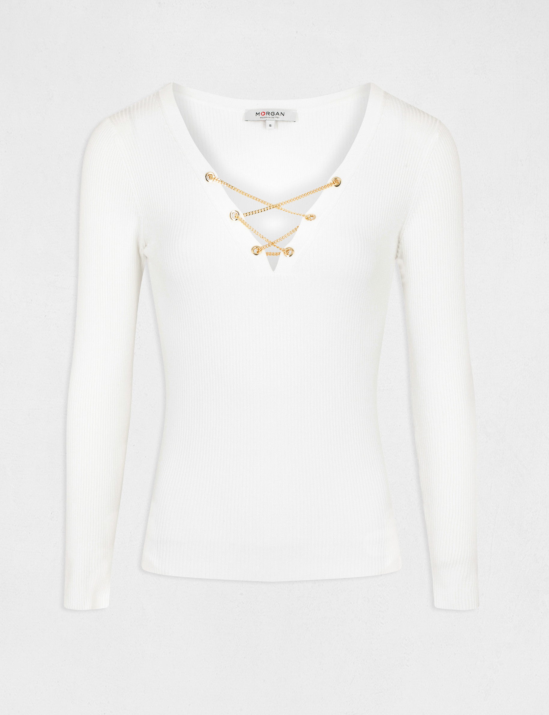 Pull manches longues à détails chaînes ecru femme Pull manches longues à détails chaînes ecru femme
