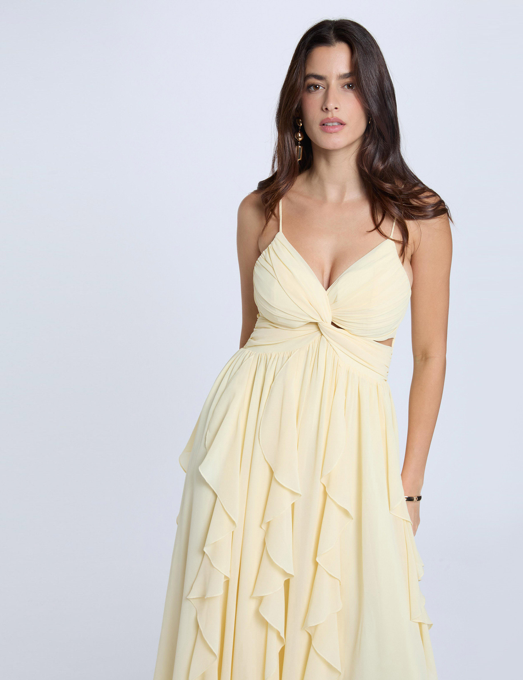 Robe longue col v jaune pastel femme