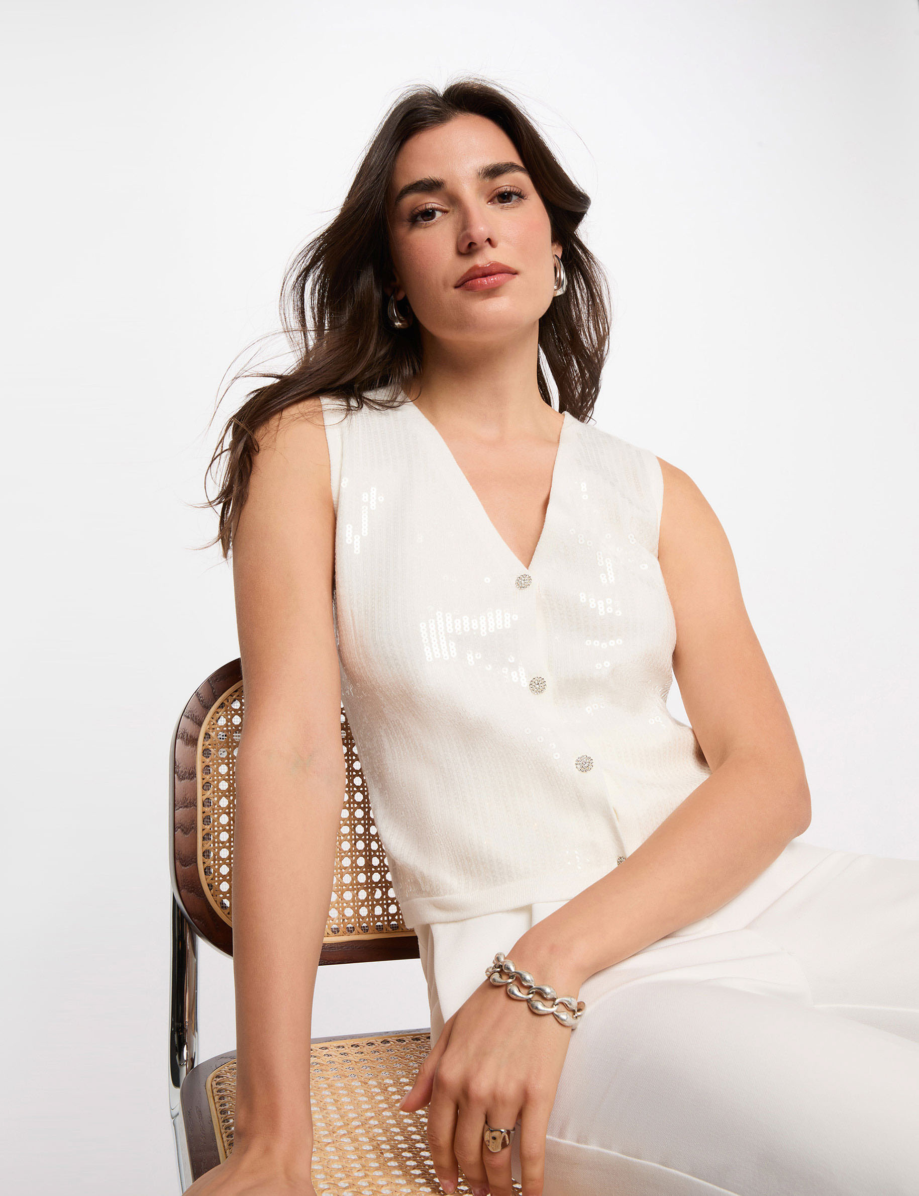Gilet sans manches col v blanc femme
