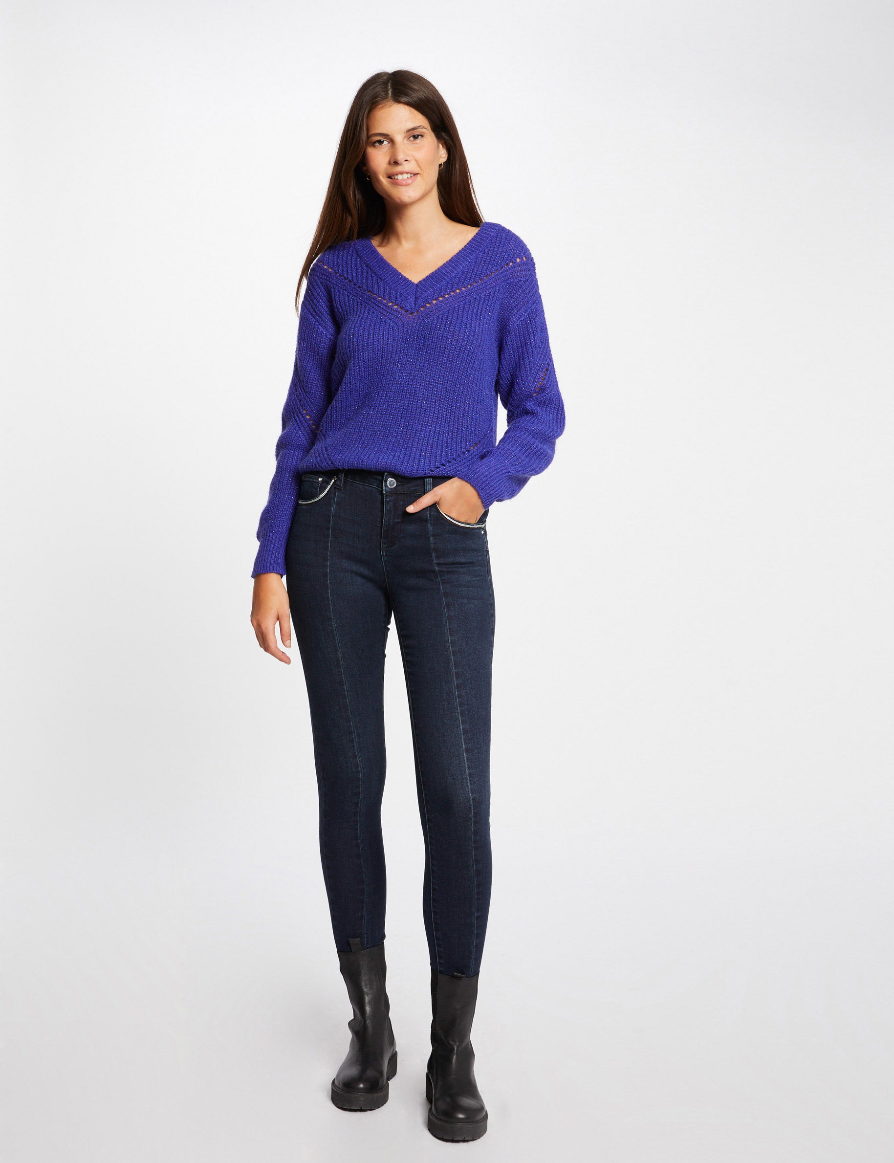 Pull manches longues avec col en V violet femme Pull manches longues avec col en V violet femme