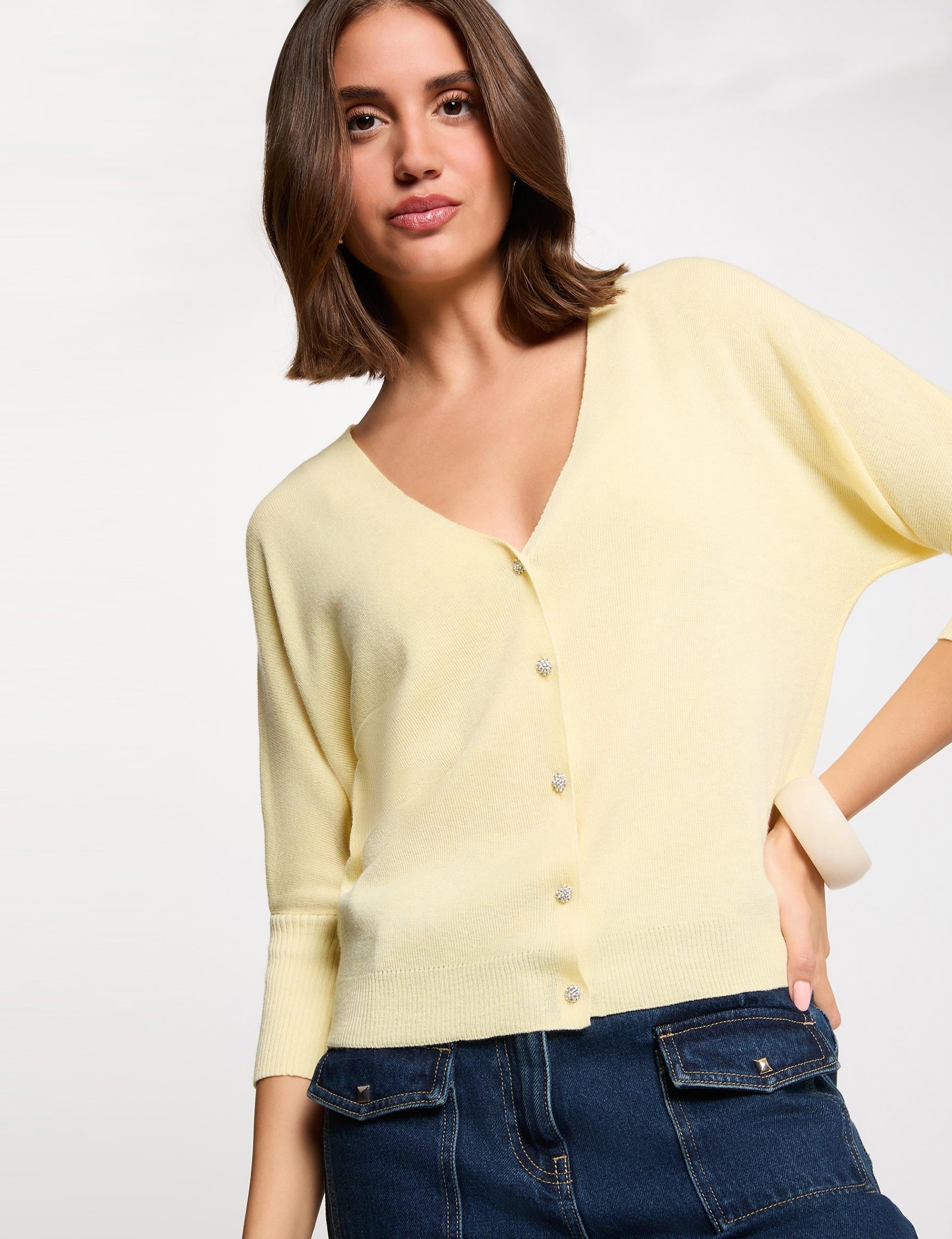 Gilet col en V manches longues jaune clair femme