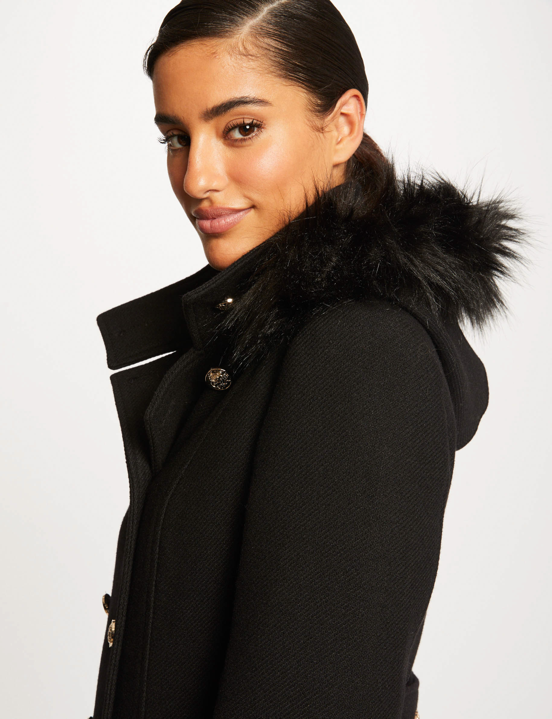 Manteau ample boutonné à capuche noir femme