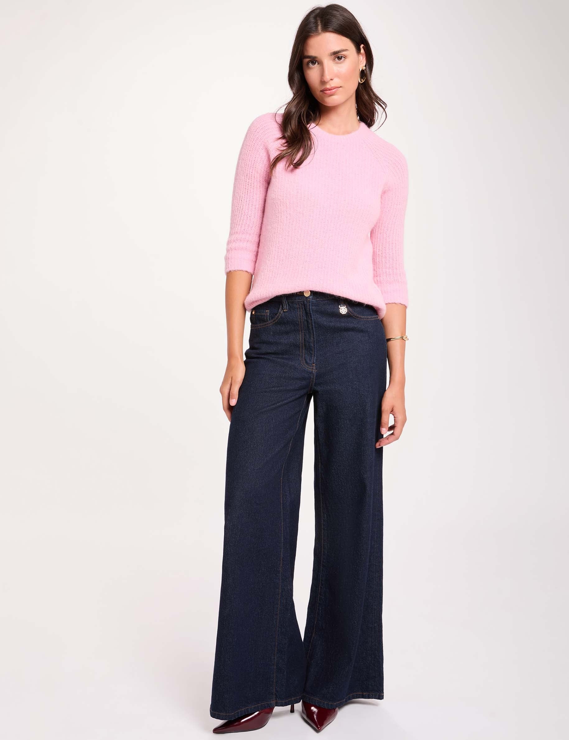 Pull maille duveteuse rose pastel femme