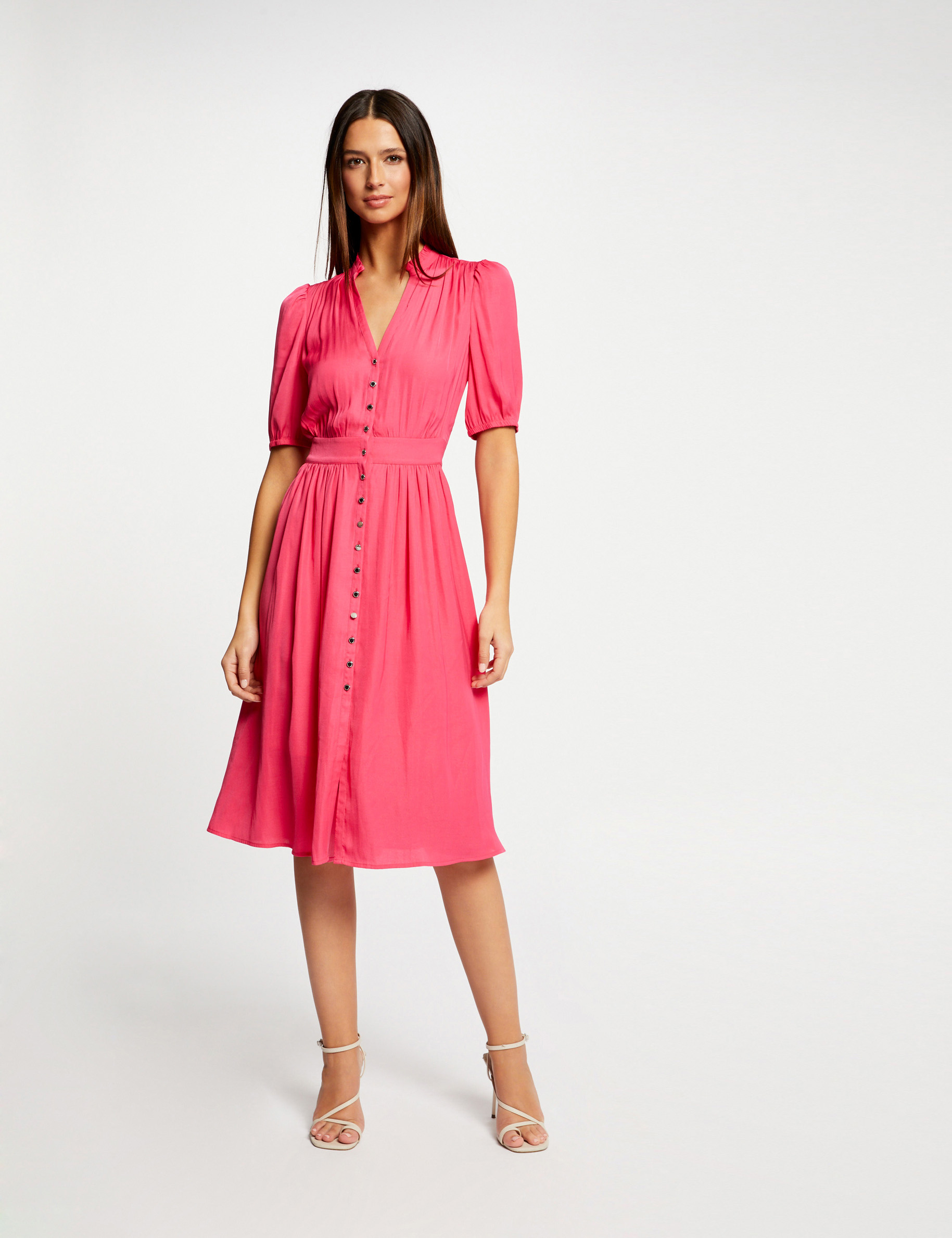 Robe manches 3/4 boutonnée à l'avant rose moyen femme Robe manches 3/4 boutonnée à l'avant rose moyen femme