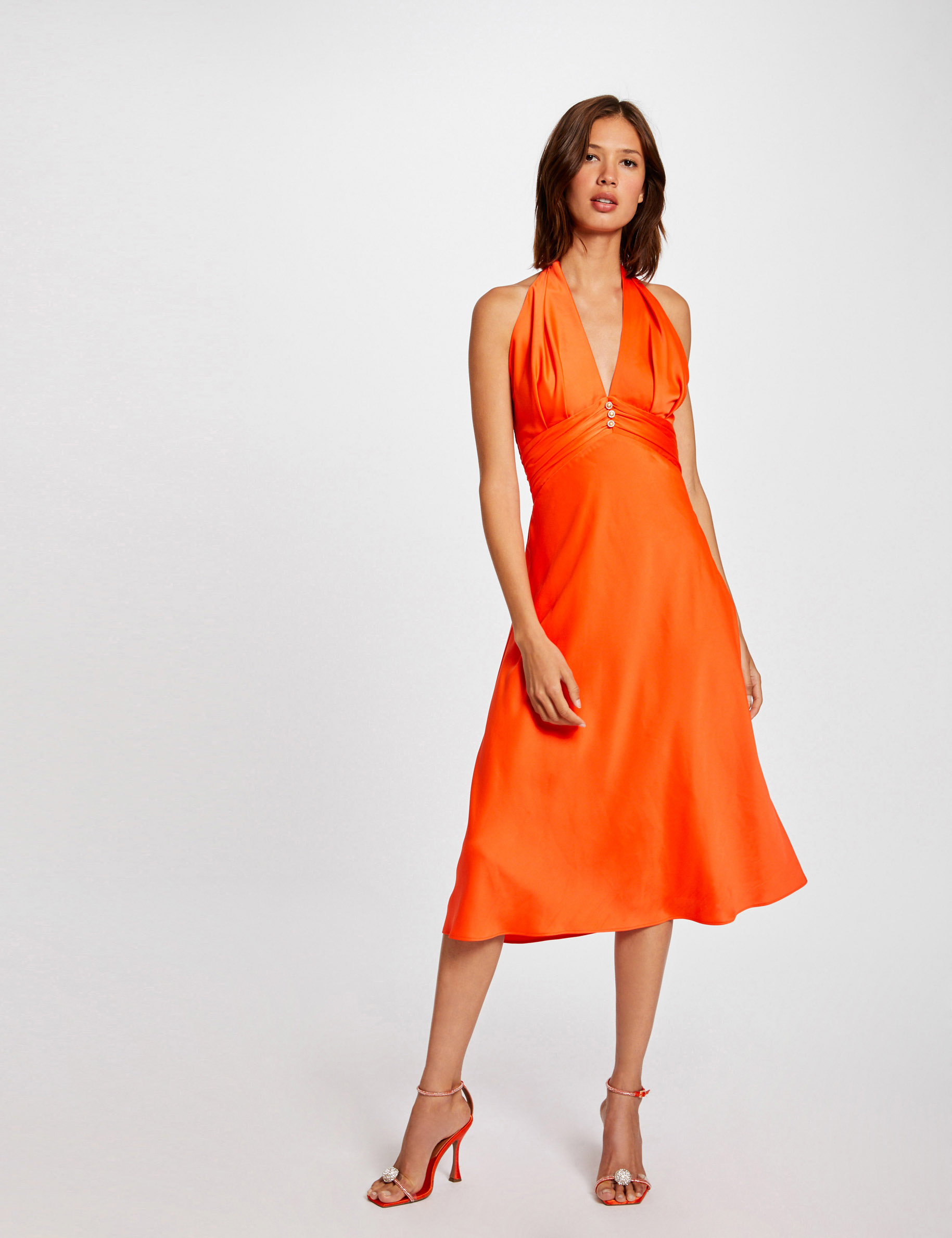Robe midi évasée bretelles larges orange femme Robe midi évasée bretelles larges orange femme