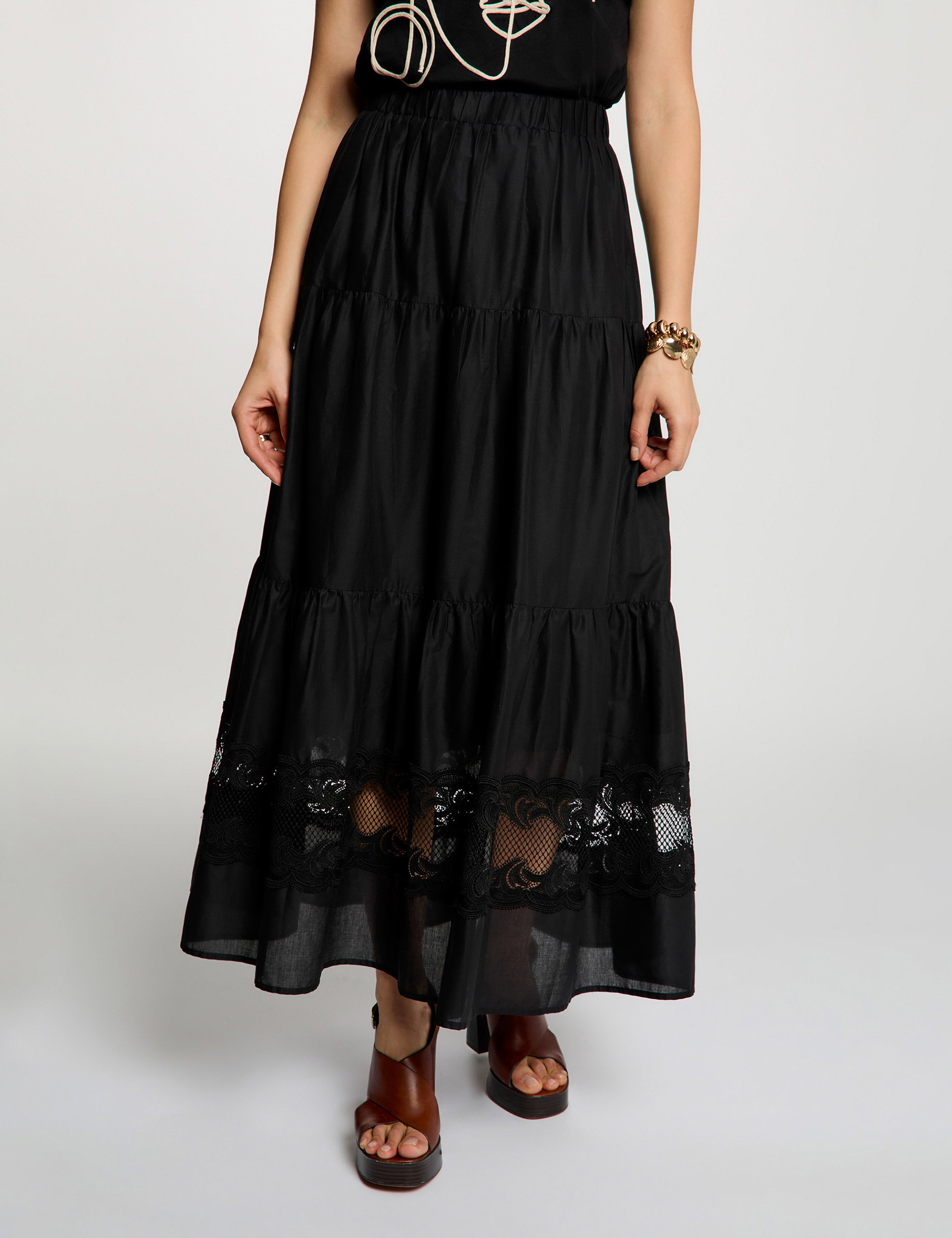 Jupe longue &agrave; &eacute;tages noir femme