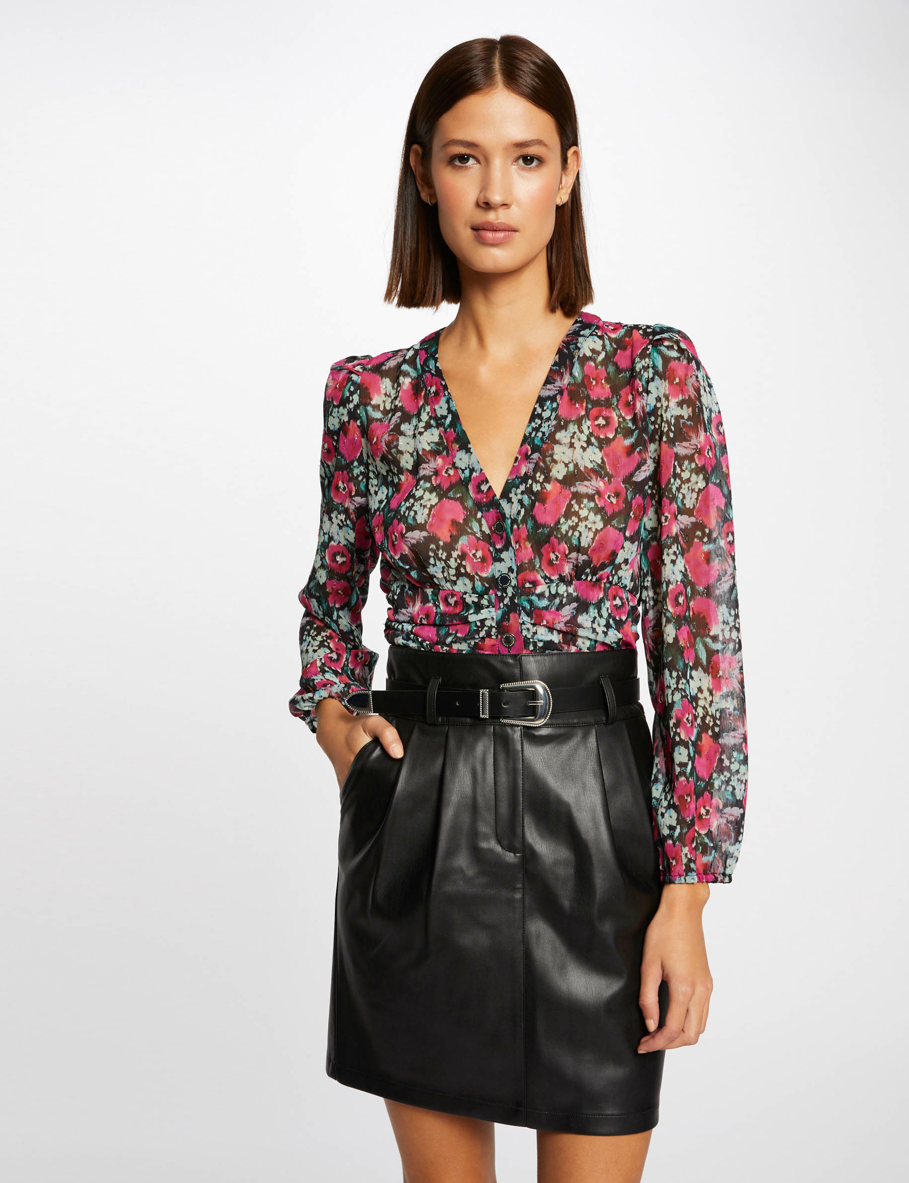 Jupe droite ceinturée simili cuir noir femme Jupe droite ceinturée simili cuir noir femme