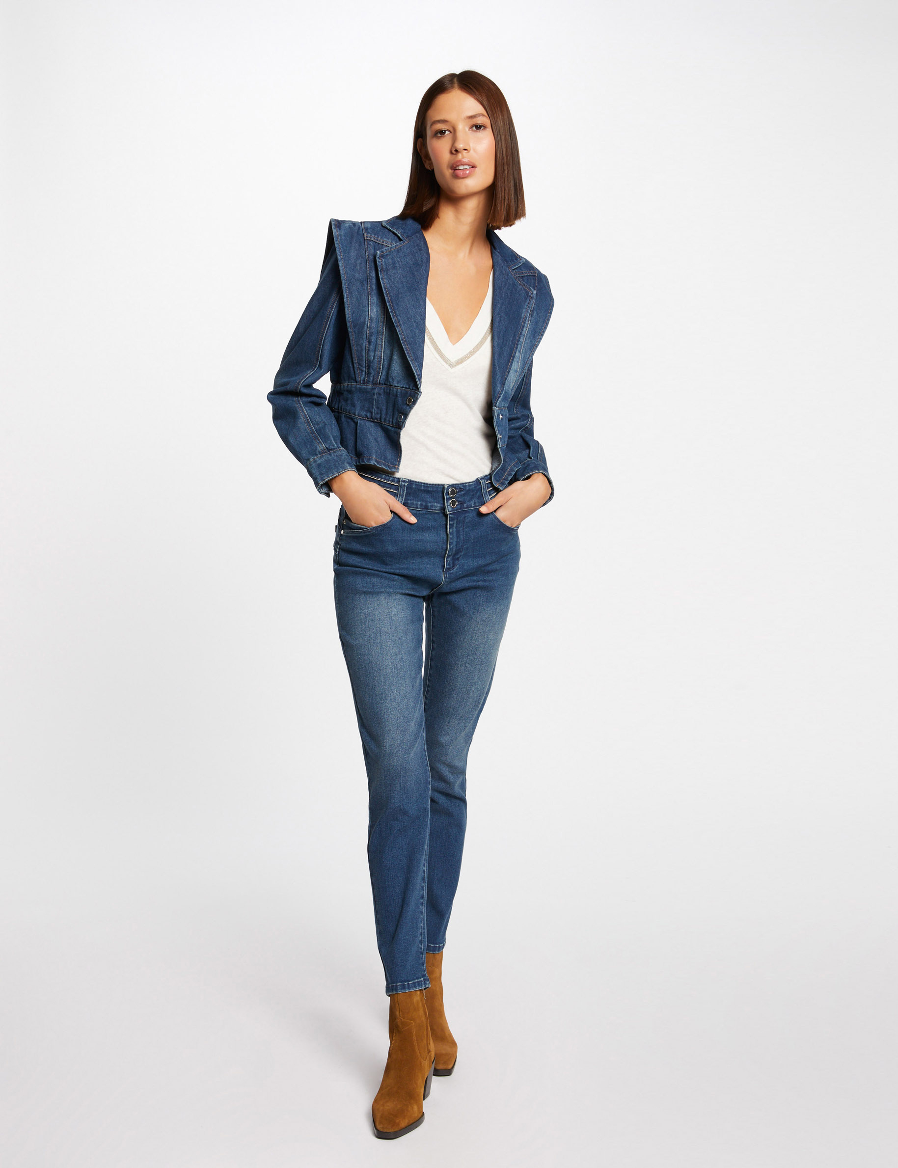 Veste cintrée en jean avec épaulettes jean stone femme Veste cintrée en jean avec épaulettes jean stone femme