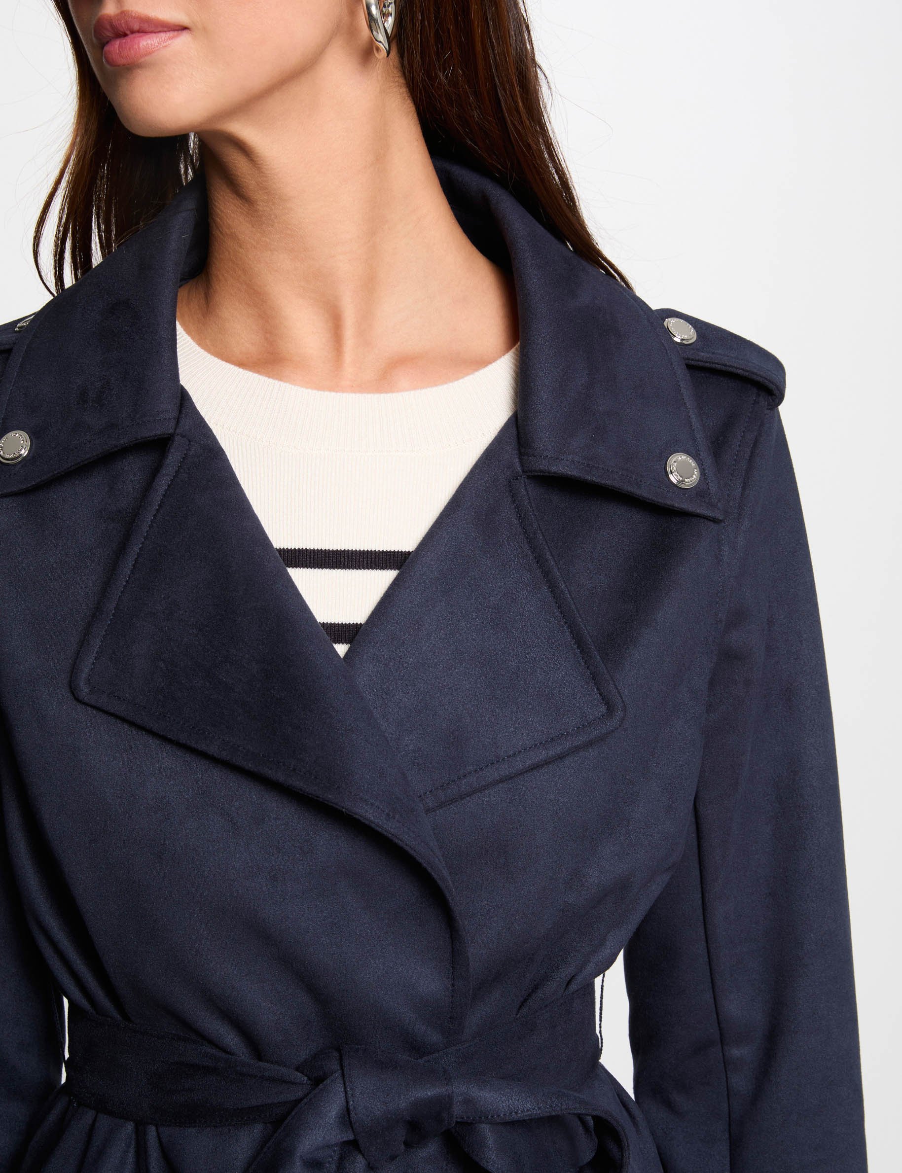 manteau long ceinture suedine bleu marine femme Manteau long ceinturé suédine bleu marine femme