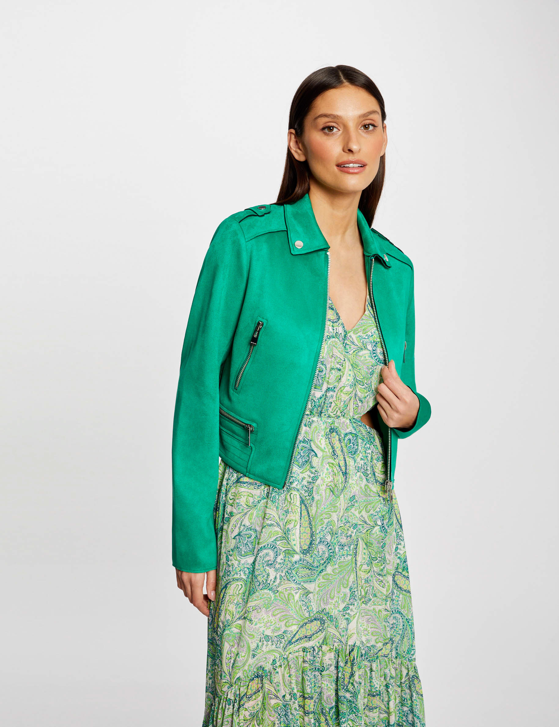 blouson droit aspect suedine vert clair femme Blouson droit aspect suédine vert clair femme