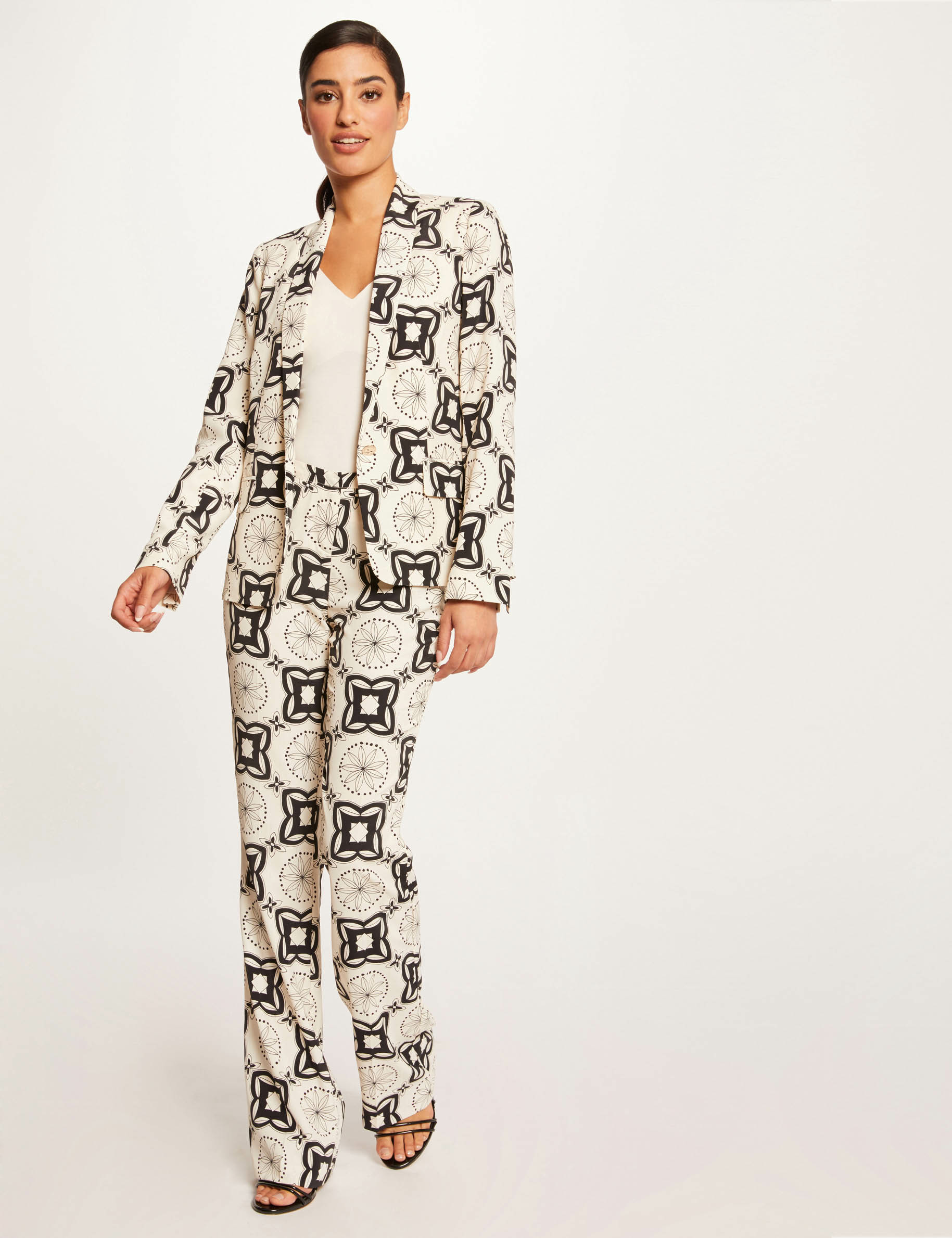Pantalon droit imprimé géométrique ecru femme Pantalon droit imprimé géométrique ecru femme