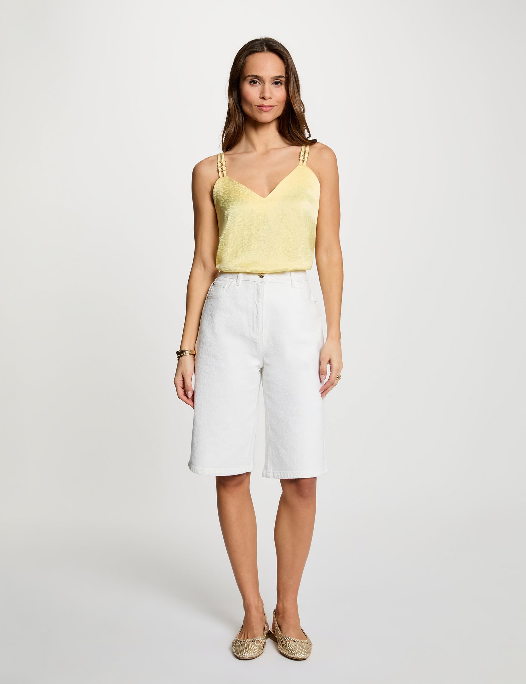 Top satin &agrave; bretelles jaune clair femme