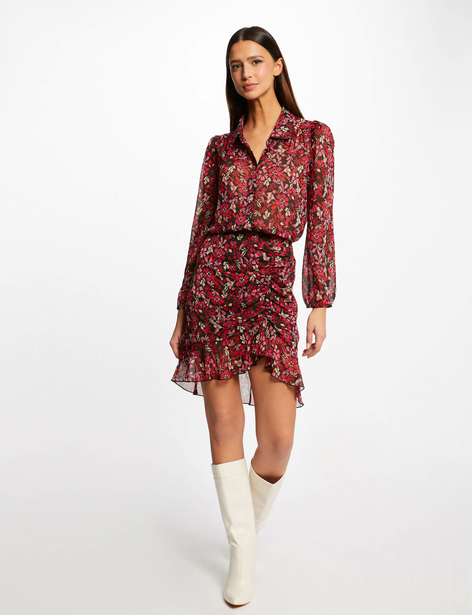 Jupe droite froncée imprimé floral multico femme