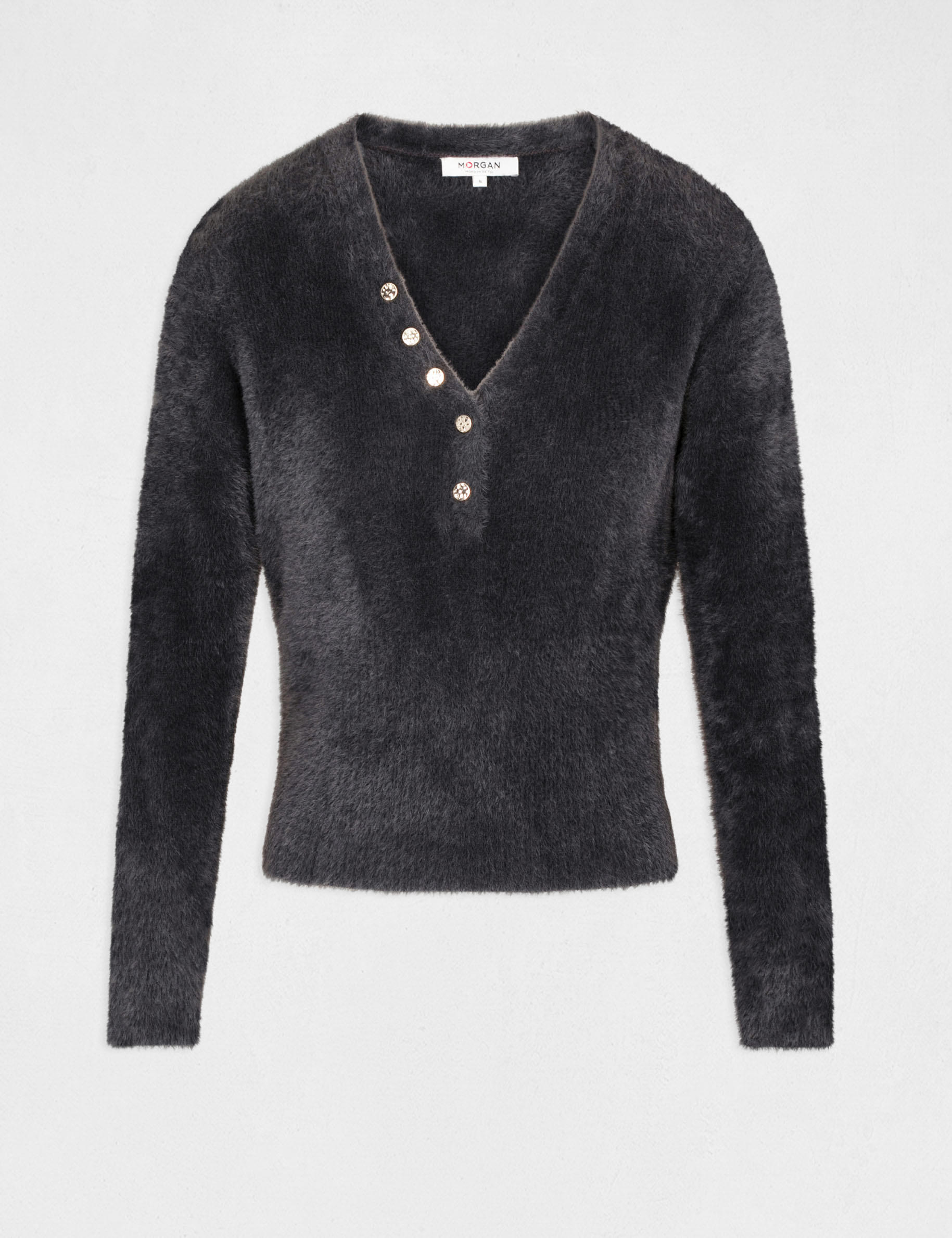 Pull manches longues à col en V gris anthracite femme