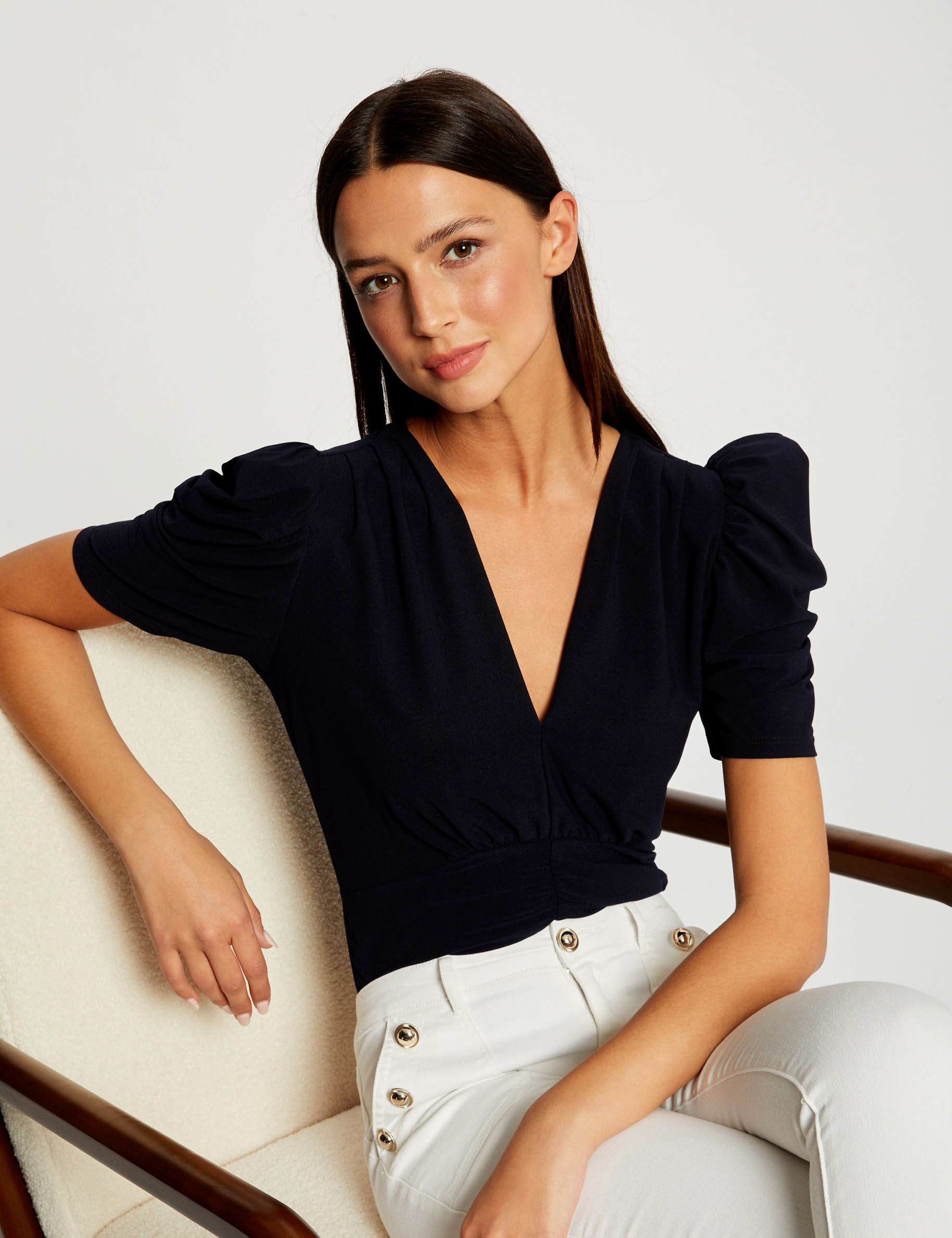 T-shirt manches courtes froncé marine femme T-shirt manches courtes froncé marine femme