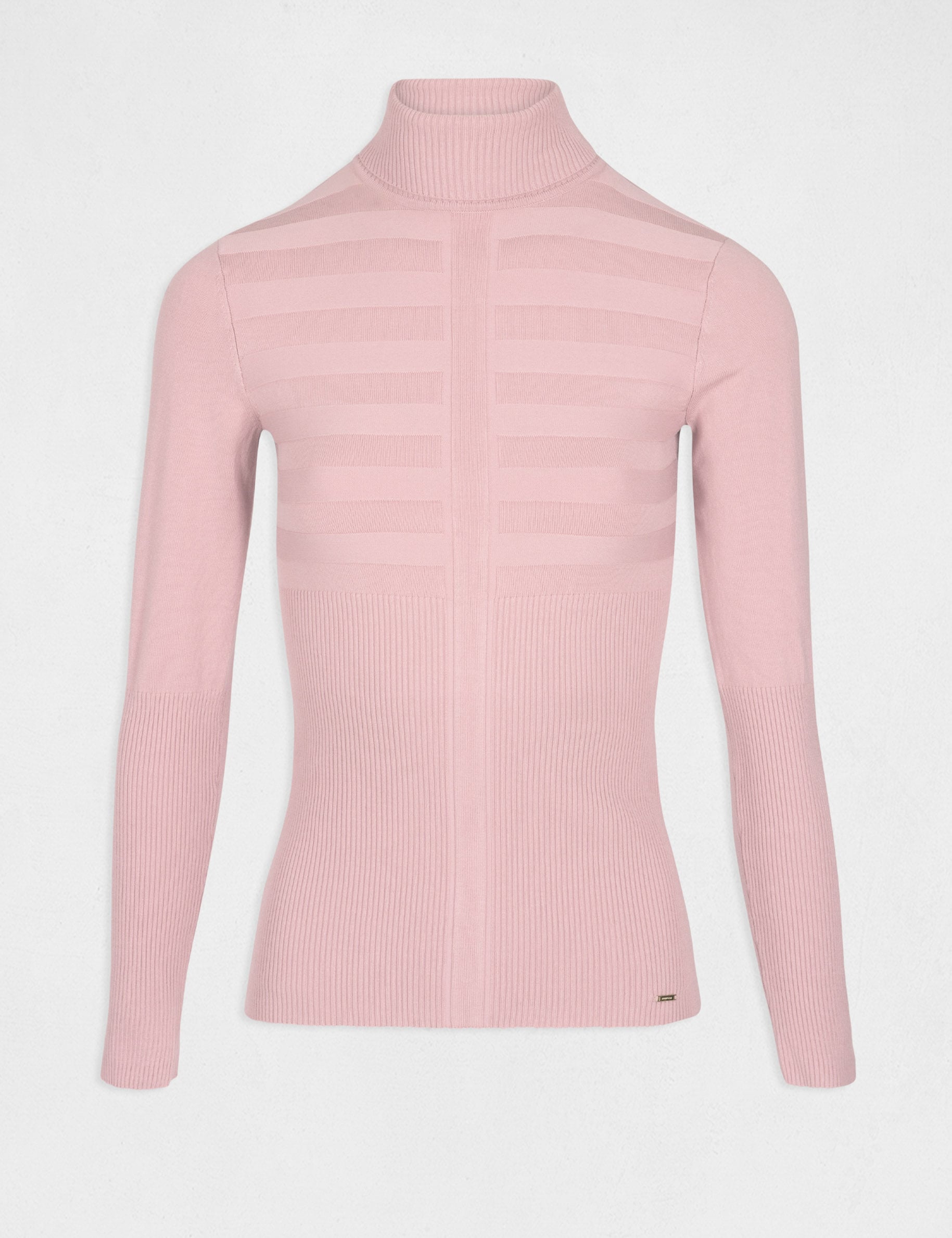 Pull col roul&eacute; ajust&eacute; rose clair femme