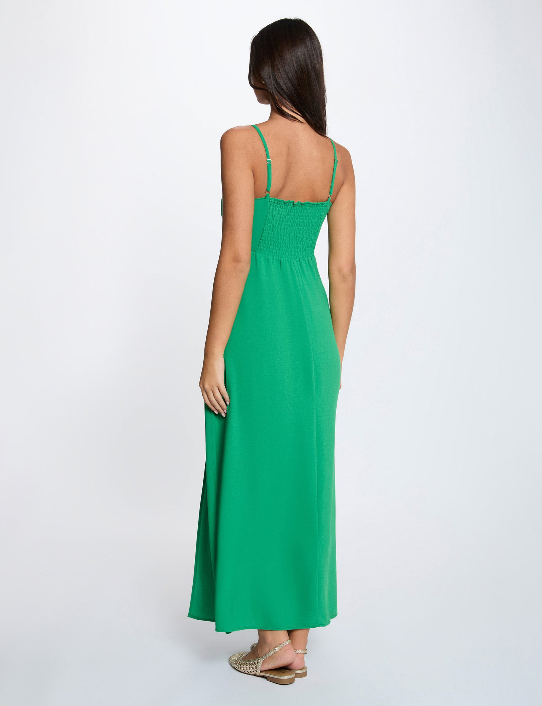 Robe longue droite fendue vert prairie femme