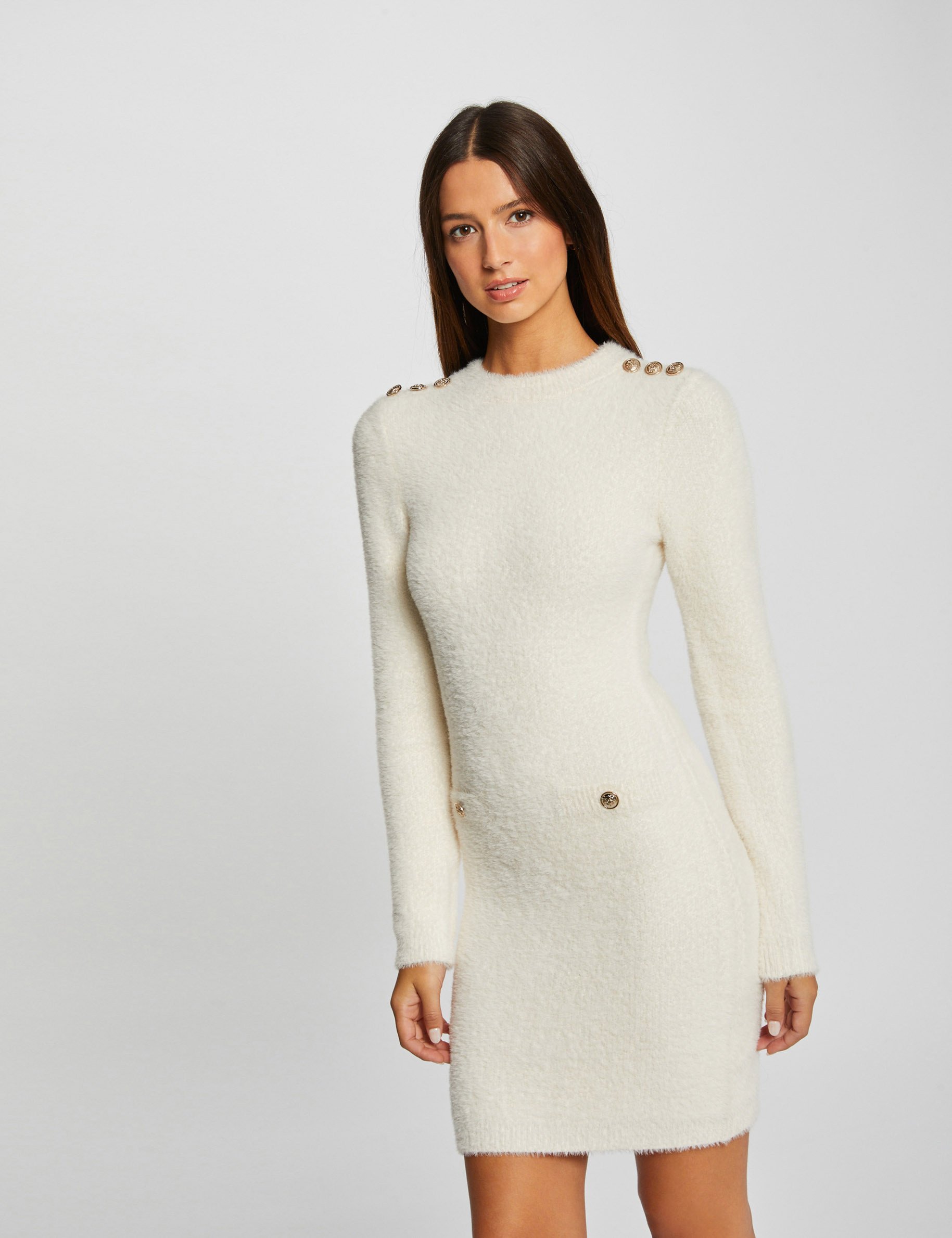 robe pull ajustee maille duveteuse ivoire femme Robe pull ajustée maille duveteuse ivoire femme