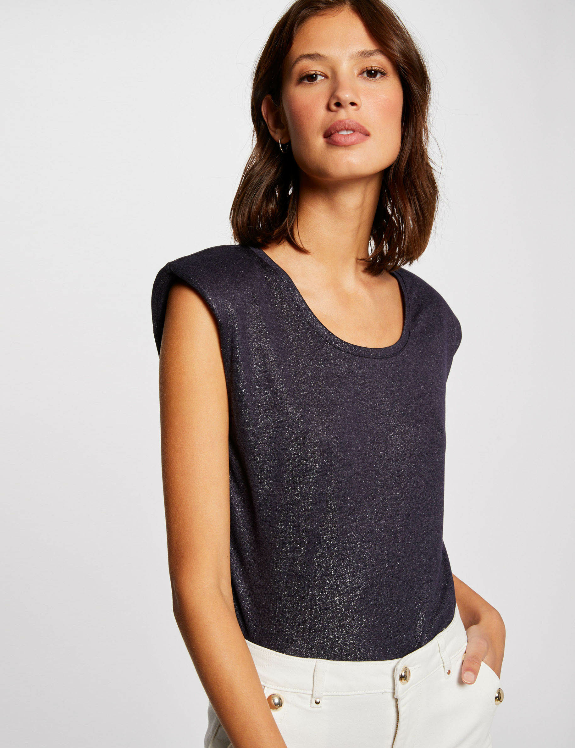 T-shirt manches courtes à épaulettes marine femme