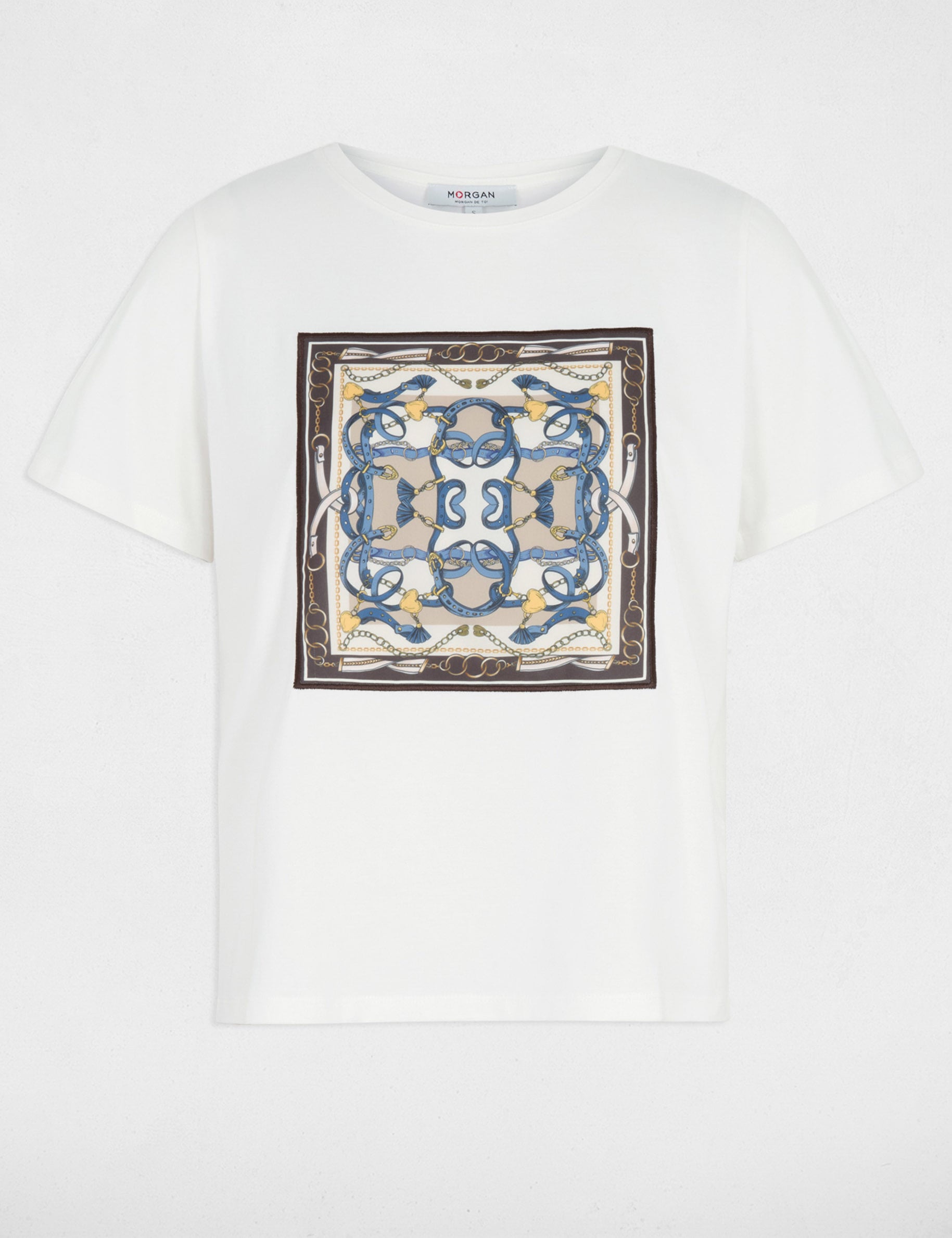 T-shirt imprim&eacute; col rond blanc femme